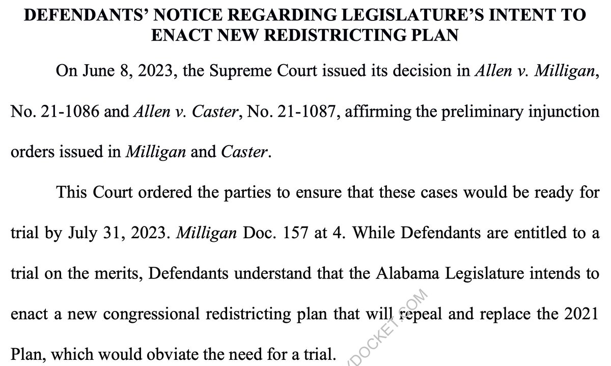 NEW: Alabama officials tell a federal court that lawmakers intend to enact a new congressional map by July 21.

This follows the SCOTUS's decision in Allen v. Milligan affirming that the state needs a second-majority Black district to comply with the VRA. bit.ly/allenvmilligan