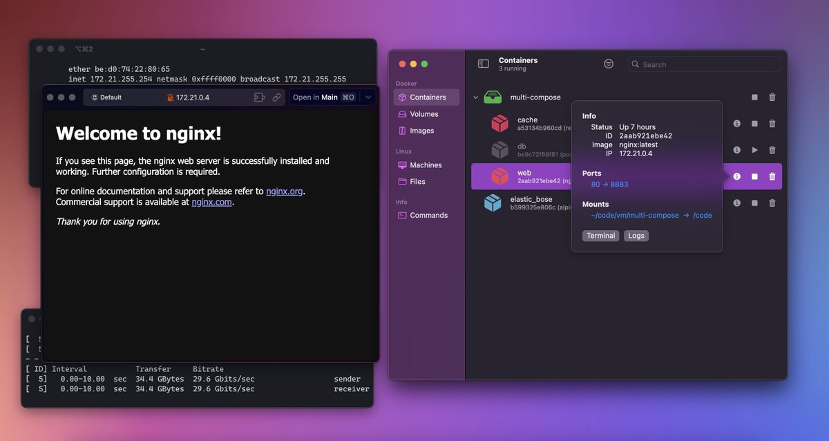 OrbStack's tweet image. Big release! OrbStack v0.12.0: docs.orbstack.dev/release-notes#…
✨ You can now connect to Docker containers directly by IP! Port forwarding isn't the only way anymore.
• macOS bridge network for Docker and machines
• Log viewer improvements
• Full M2 Ultra support