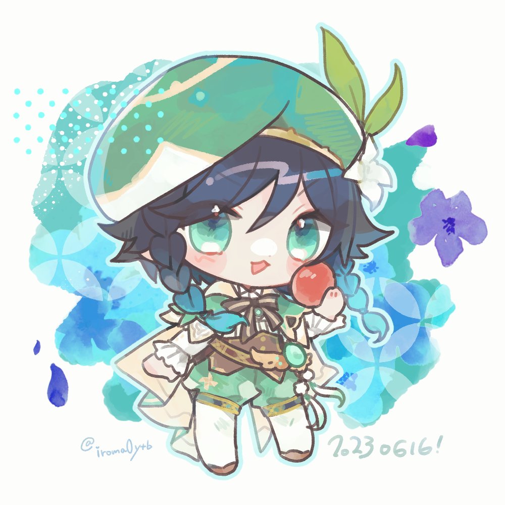 venti (genshin impact) 1boy food apple male focus black hair hat solo  illustration images