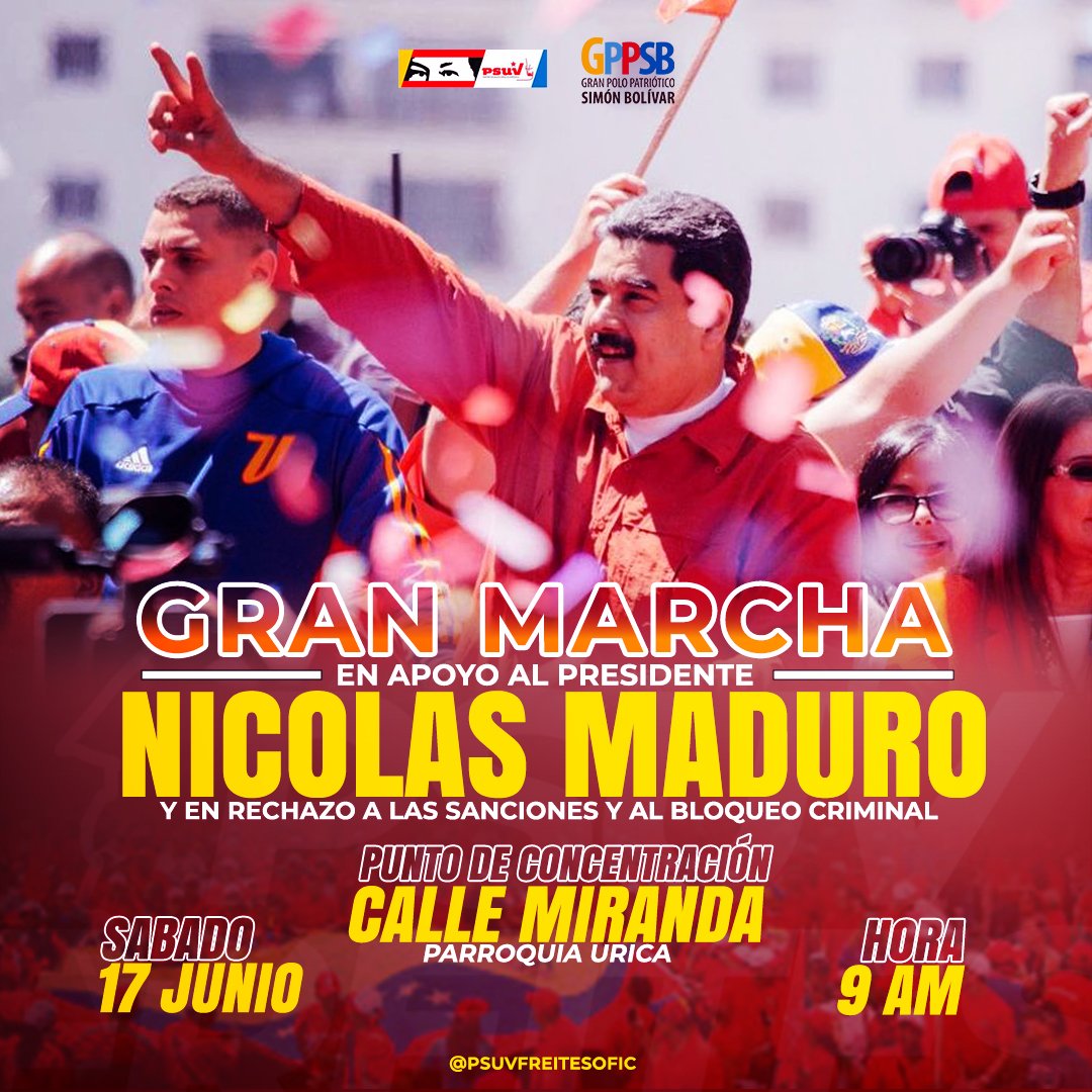 ¡Este sábado 17 de junio nos vamos pa' la calle! 

Todas y todos a la gran marcha en apoyo al presidente @NicolasMaduro, y en rechazo a las sanciones y al bloqueo criminal.🇻🇪

@partidopsuv
@luismarcanos 
@dcabellor
#NoMásAgresiónYankee #psuvfreites #anzoategui #psuvanzoategui