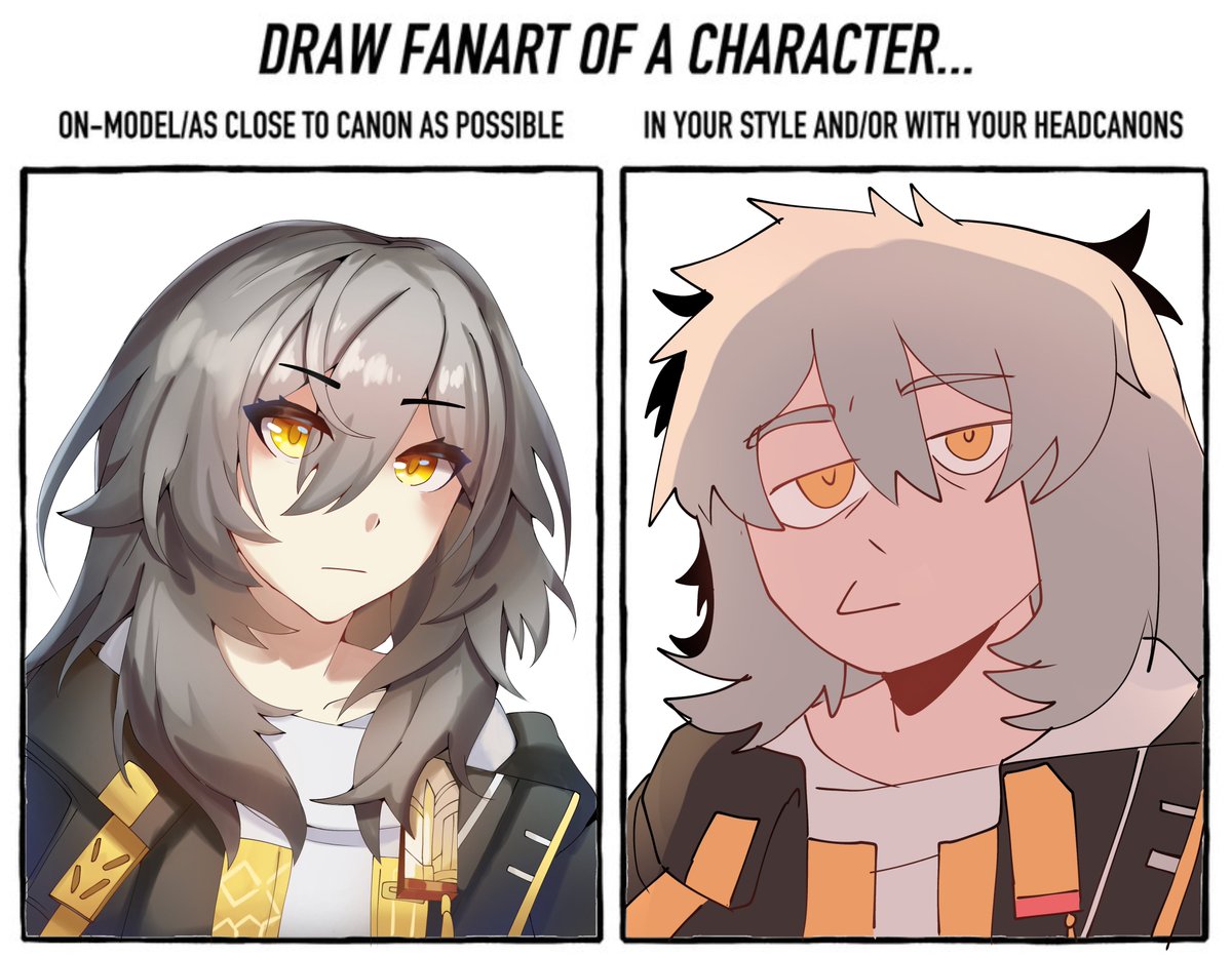 Tried out this challenge bc why not lol, also came out with a huge appreciation for people who have anime artstyles, my hands hurt-

On-model Stelle vs. Feral Raccoon Woman Stelle (personal hc)
#honkaistarrail