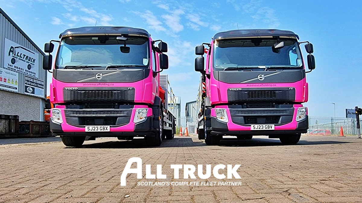AlltruckGroup's tweet photo. #fassifriday in the glorious sunshine, and we are tickled pink with these two new trucks for Access Solutions. Fitted with FASSI F235A.0.23 Cranes, these Volvos are on the road today, and thanks to Appeal  Media magic, you certainly won't miss them—thank you to everyone involved. https://t.co/KYkuNg50eL