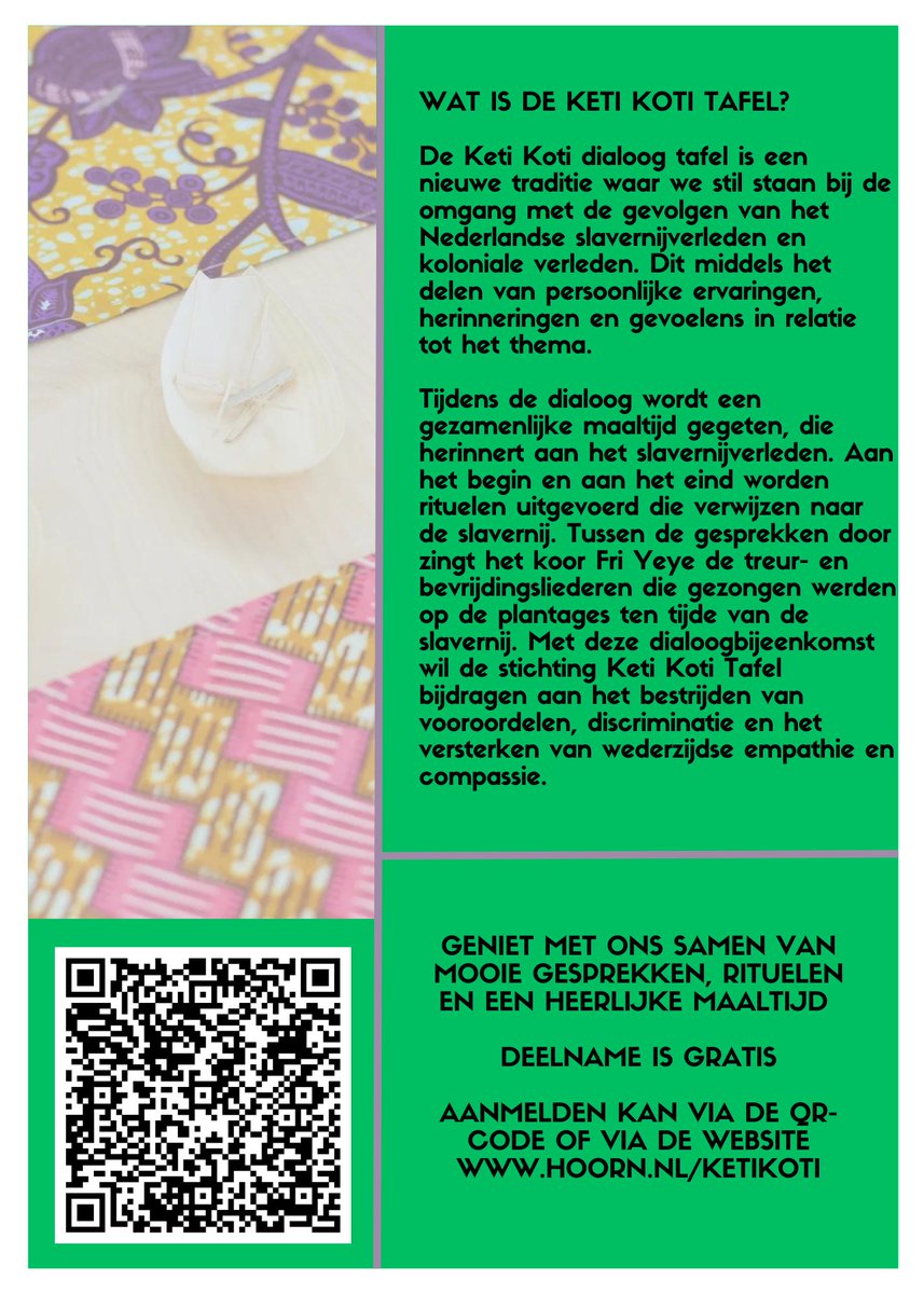 De gemeente Hoorn organiseert op 21 juni de Keti Koti Dialoog Tafel! Doe je mee?

Wil je deelnemen aan de Keti Koti Tafel? Meld je dan aan via de volgende link: lnkd.in/ei_iHgg3
Deel de uitnodiging vooral in je netwerk!