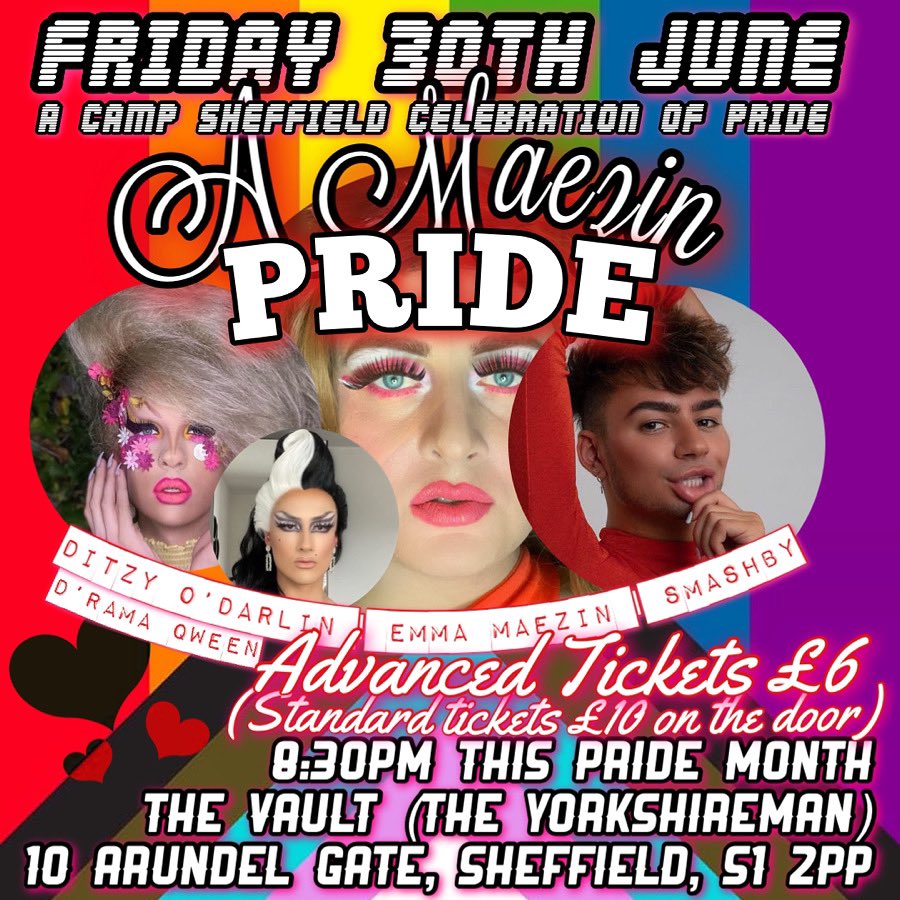 🏳️‍🌈 A Maezin Pride - A Camp Sheffield Celebration of Pride 🏳️‍🌈 Just 2 weeks to go! 🏳️‍🌈 Book your tickets now! eventbrite.co.uk/e/a-maezin-eve… #SheffEvents @HelpSheffield @VisitSheffield 🎙️🏳️‍🌈✨