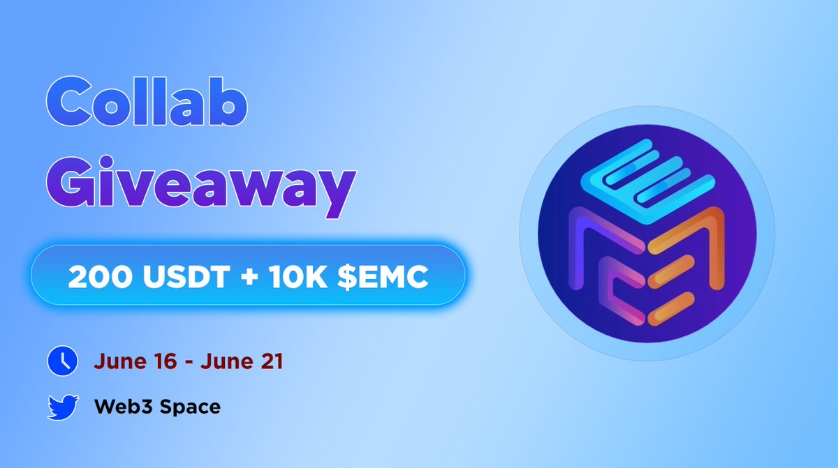 🤩 EMC Protocol × WEB3 Space Big Giveaway

🎁 Reward : 200 USDT + 10,000 $EMC Token

TO ENTER:
◾️Follow @EMCprotocol
◾️Like, RT & Tag 3 Friends
◾️Finish Gleam : wn.nr/x97gAsK

⏰ End : 21st June

#Airdrops #AirdropCrypto #ICP #GiveawayAlert #USDTGiveaway #WEB3SPACE