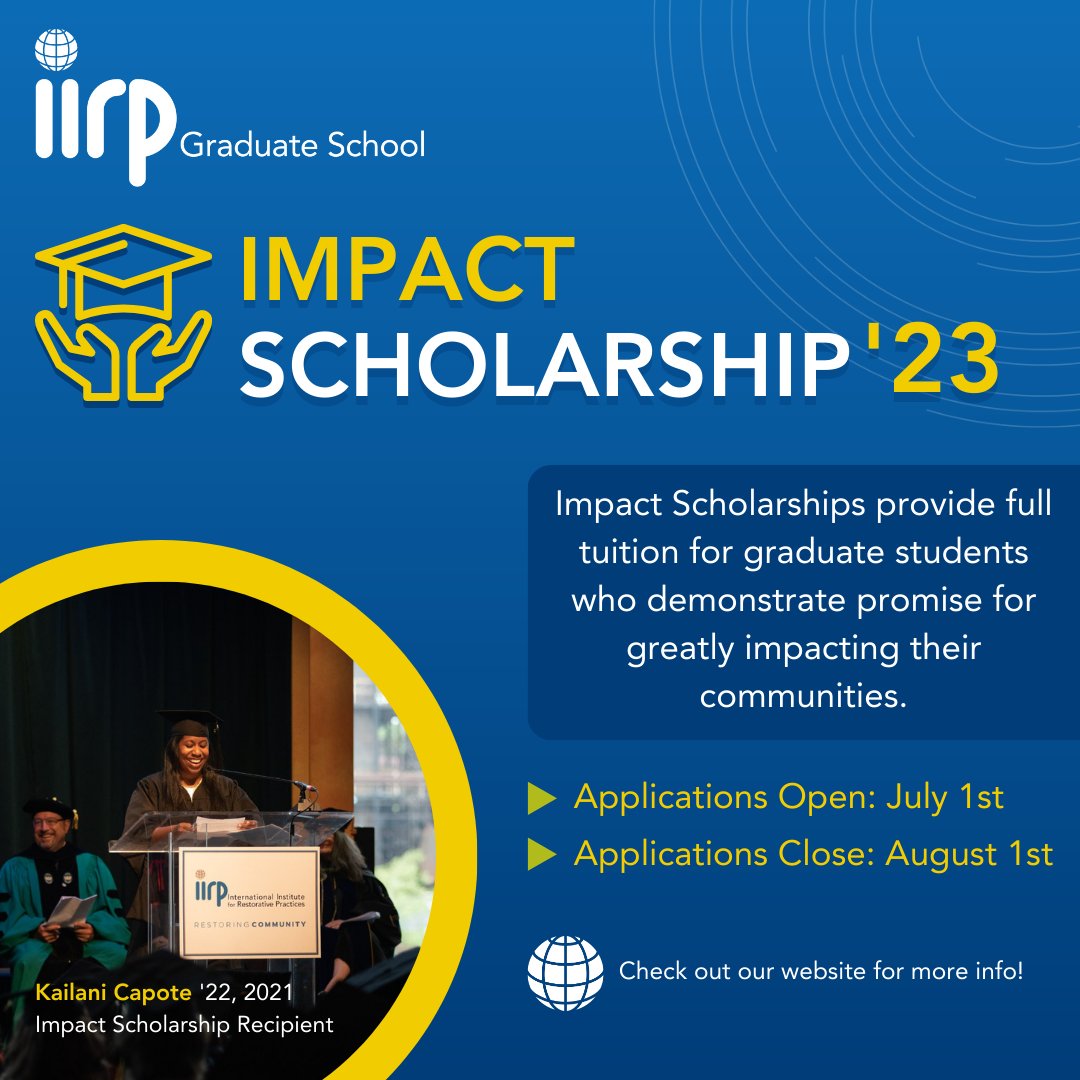 Applications will soon be accepted for our Impact Scholarship program!🌟😊Up to six Impact Scholarships will be awarded in mid-August. Learn more here➡️iirp.edu/transparent-tu…

#IIRP #restorativepractices #impactscholarship23