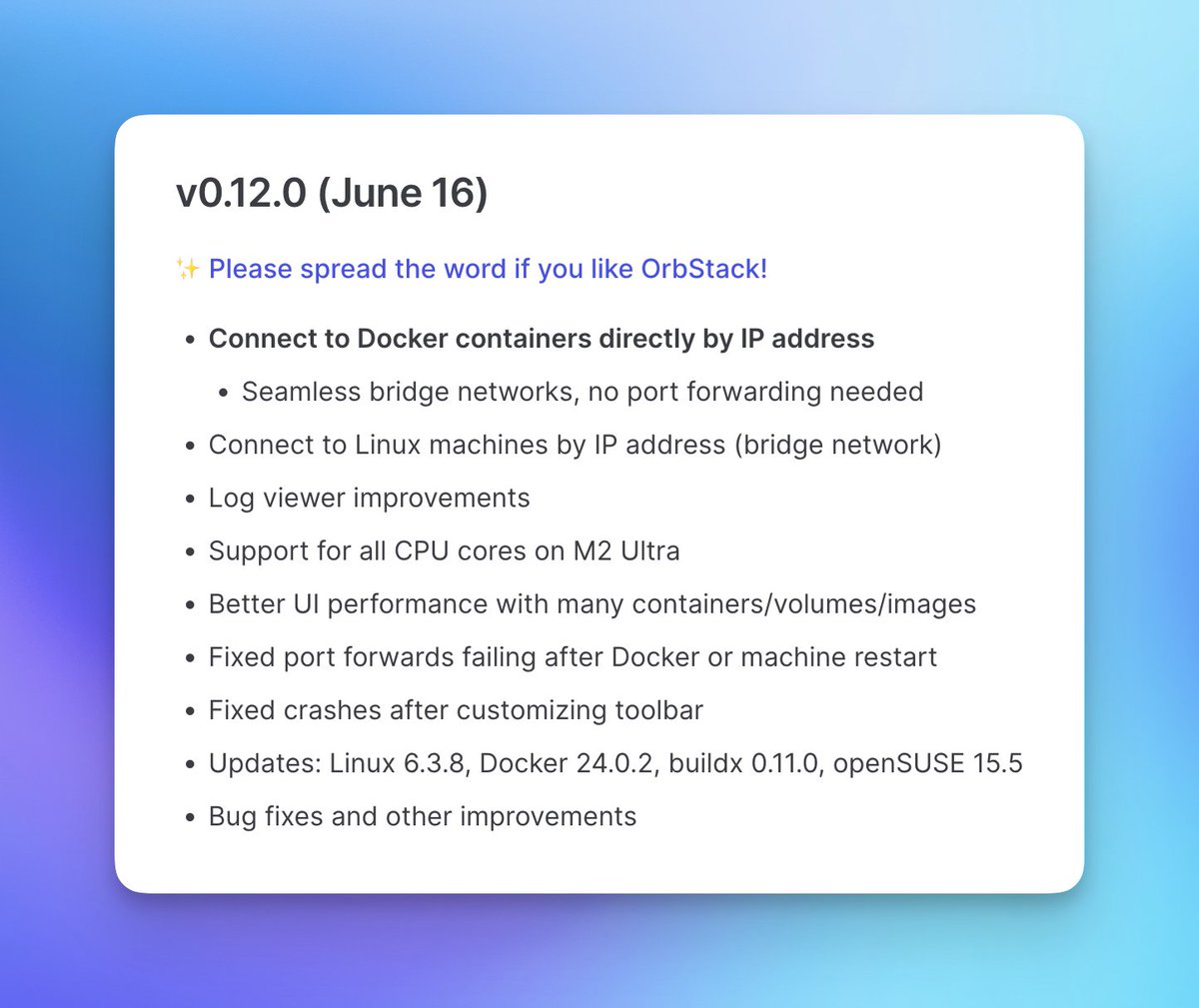 OrbStack's tweet image. Big release! OrbStack v0.12.0: docs.orbstack.dev/release-notes#…
✨ You can now connect to Docker containers directly by IP! Port forwarding isn't the only way anymore.
• macOS bridge network for Docker and machines
• Log viewer improvements
• Full M2 Ultra support