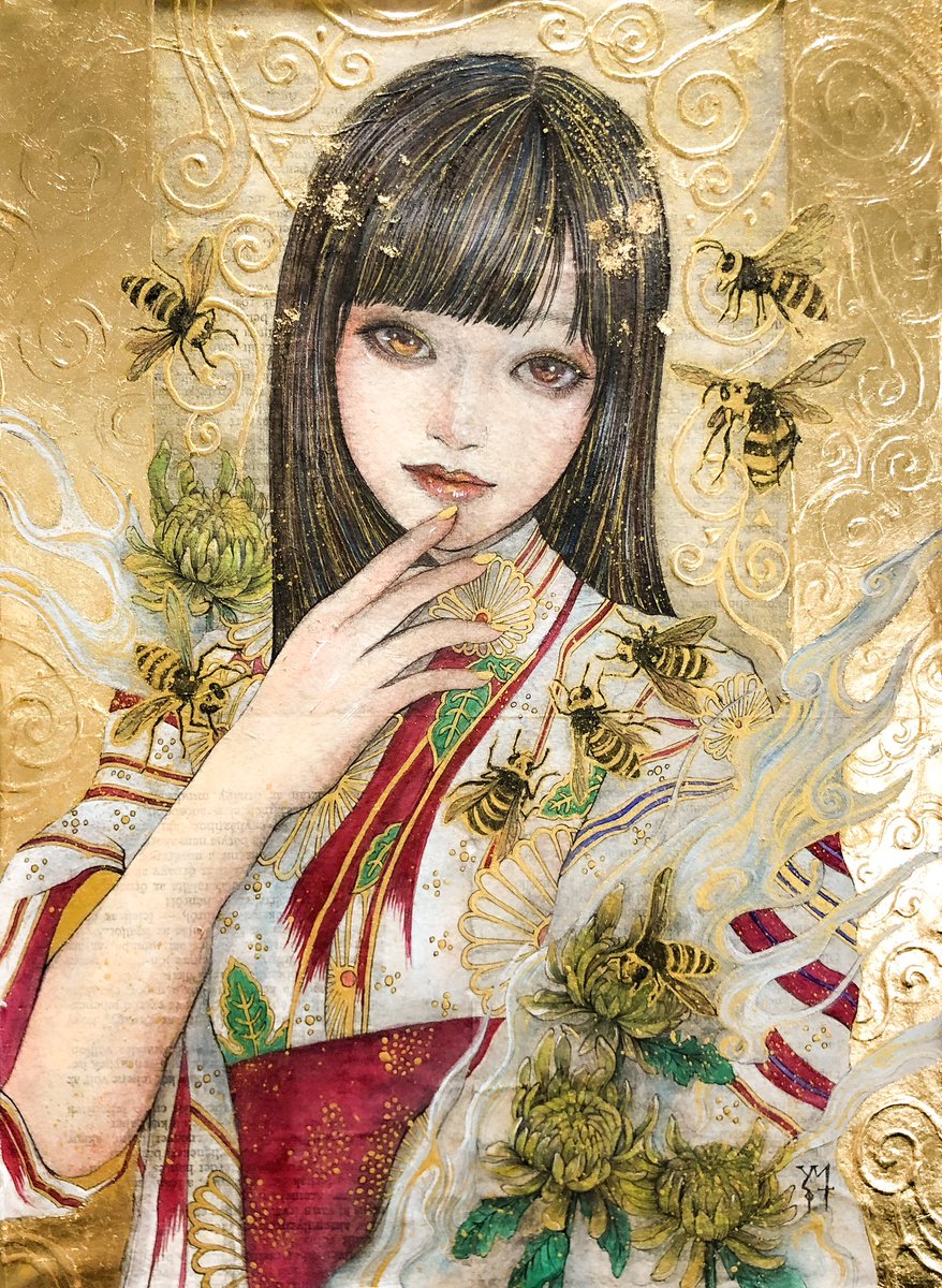 1girl solo black hair bug traditional media brown eyes looking at viewer  illustration images