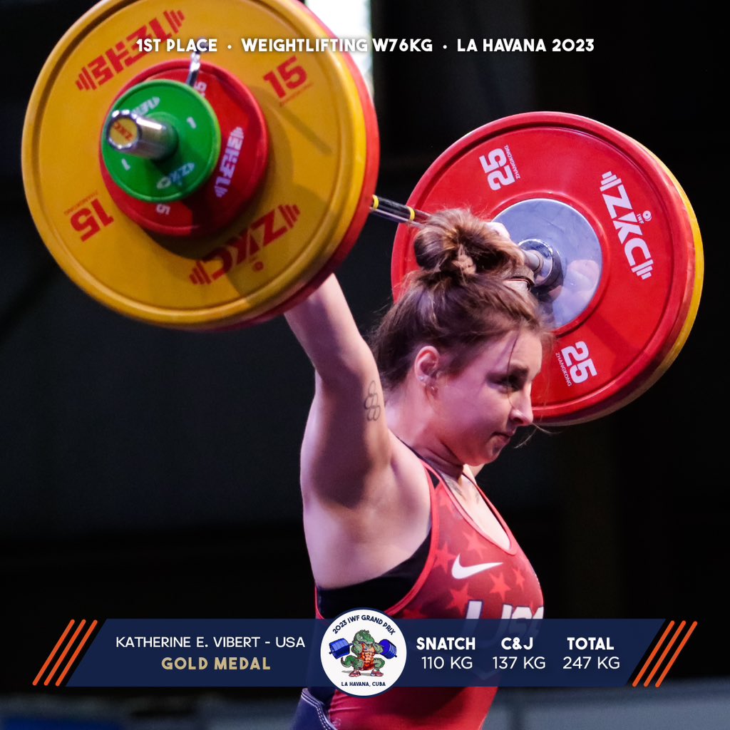 iwfnet's tweet photo. Introducing you the W76KG session medalists of the 2023 IWF Grand Prix! 🤩 United States, Ecuador and Mexico made it to the podium. Congrats to the athletes! 🏋🏽 

🥇| Katherine E. Vibert (🇺🇸)

🥈| Bella N. Paredes (🇪🇨)

🥉| Diana L. Garcia (🇲🇽) https://t.co/BryJat3QRD