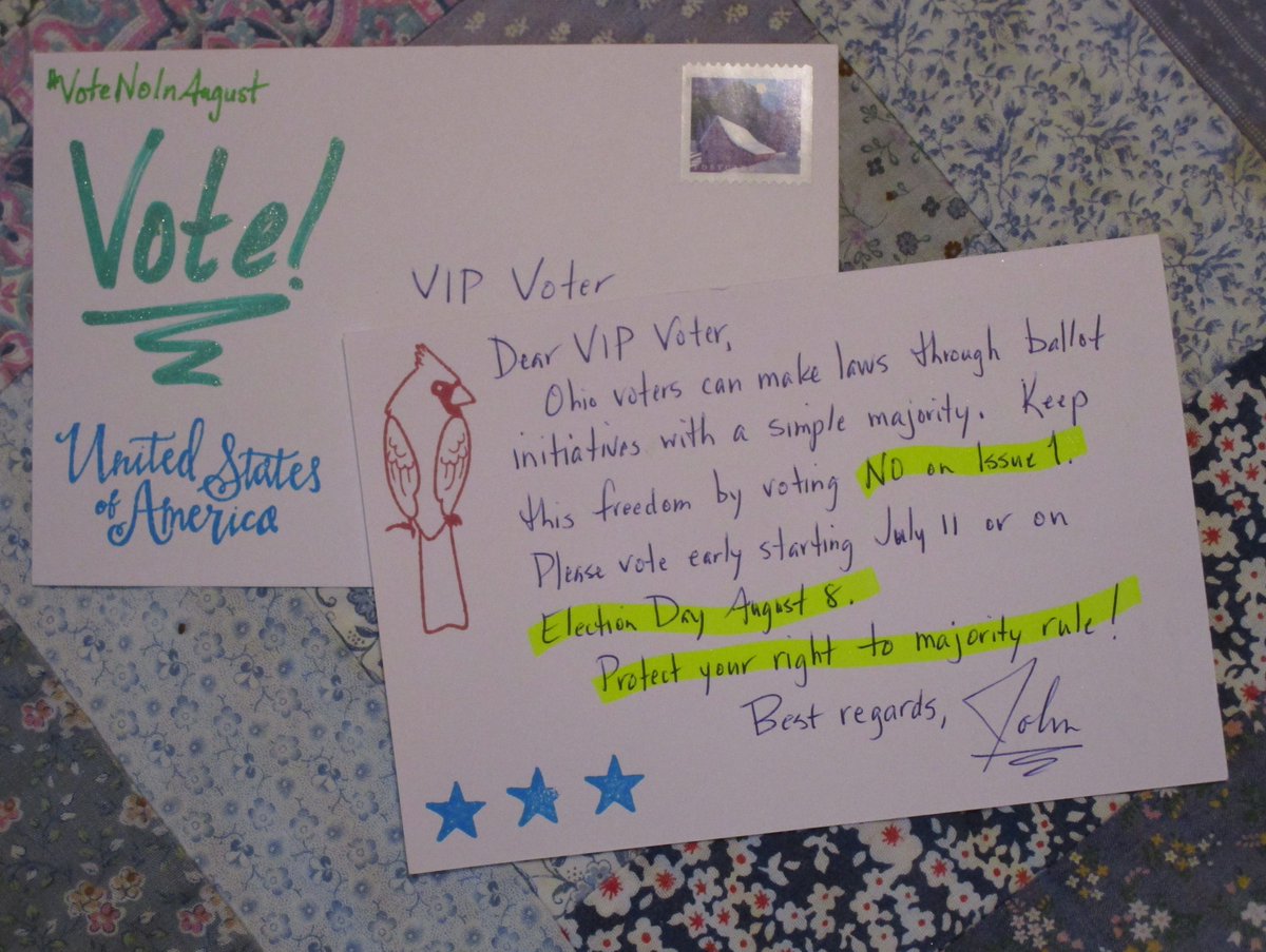 My wife and I make a pretty good #PostcardsToVoters team. I design and write the cards. She highlights 'em and sticks the stamps.

Heads up, #Ohio!
#VoteNoinAugust!
#VoteNoAugust8 on Issue 1.
Preserve #OnePersonOneVote.
Protect your right to #MajorityRule.