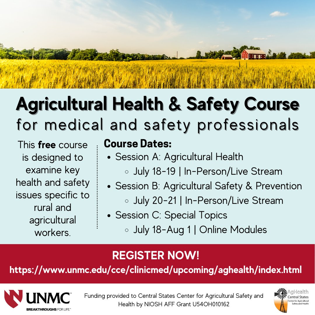 CS-CASH and <a href="/UNMCCOPH/">UNMC College of Public Health</a> are excited to offer the 13th Annual Agricultural Health &amp; Safety CEU Course free of charge as a THANK YOU to those working to improve the health and safety of communities across the world. For more info &amp; to register: ow.ly/J8bu50N2v13 #FarmSafety