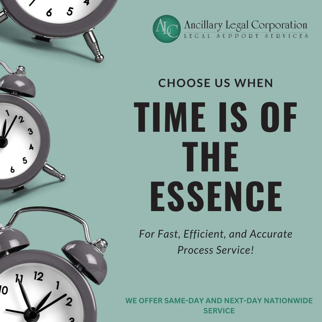 🕑 Time matters when it comes to process serving. Don't waste precious minutes with unreliable services. Choose us for fast, efficient, and accurate process serving. Learn more at ow.ly/H8M350OOCQv #FastService #ProcessServing #TimeMatters