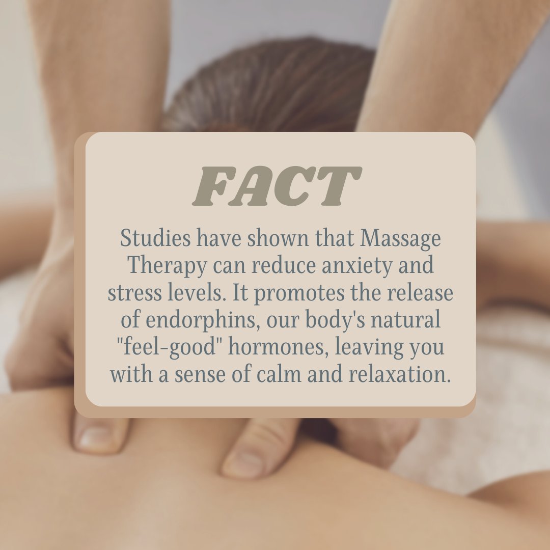 🌿 Studies have shown that massage therapy can reduce anxiety and stress levels. It promotes the release of endorphins, our body's natural 'feel-good' hormones, leaving you with a sense of calm and relaxation.  

#MassageTherapyBenefits #StressRelief #NaturalCalm