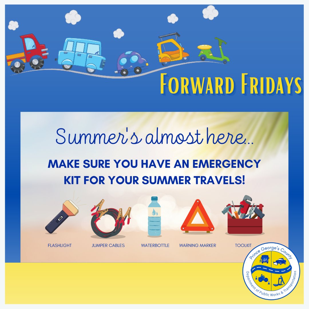 Happy Friday, #PrinceGeorgesCounty! Move #ForwardFriday and check out some essentials to beat the heat: Stay Cool! Pack a summer emergency kit with water, sunscreen, and a few more personal items. #Summertime #EmergencyKit