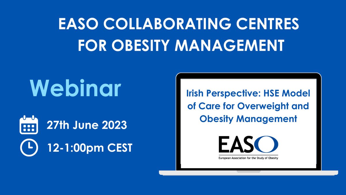 EASOobesity's tweet photo. Following an excellent congress in Dublin, we are delighted to invite you to join us for the June EASO COMs webinar:
“Irish Perspective: Model of Care for Overweight and Obesity Management”
Tues 27th June 2023, 12:00-13:00 CEST.
https://t.co/ZUYDuEKnJr
#obesity
#OMTF https://t.co/3iKYsrmhLi