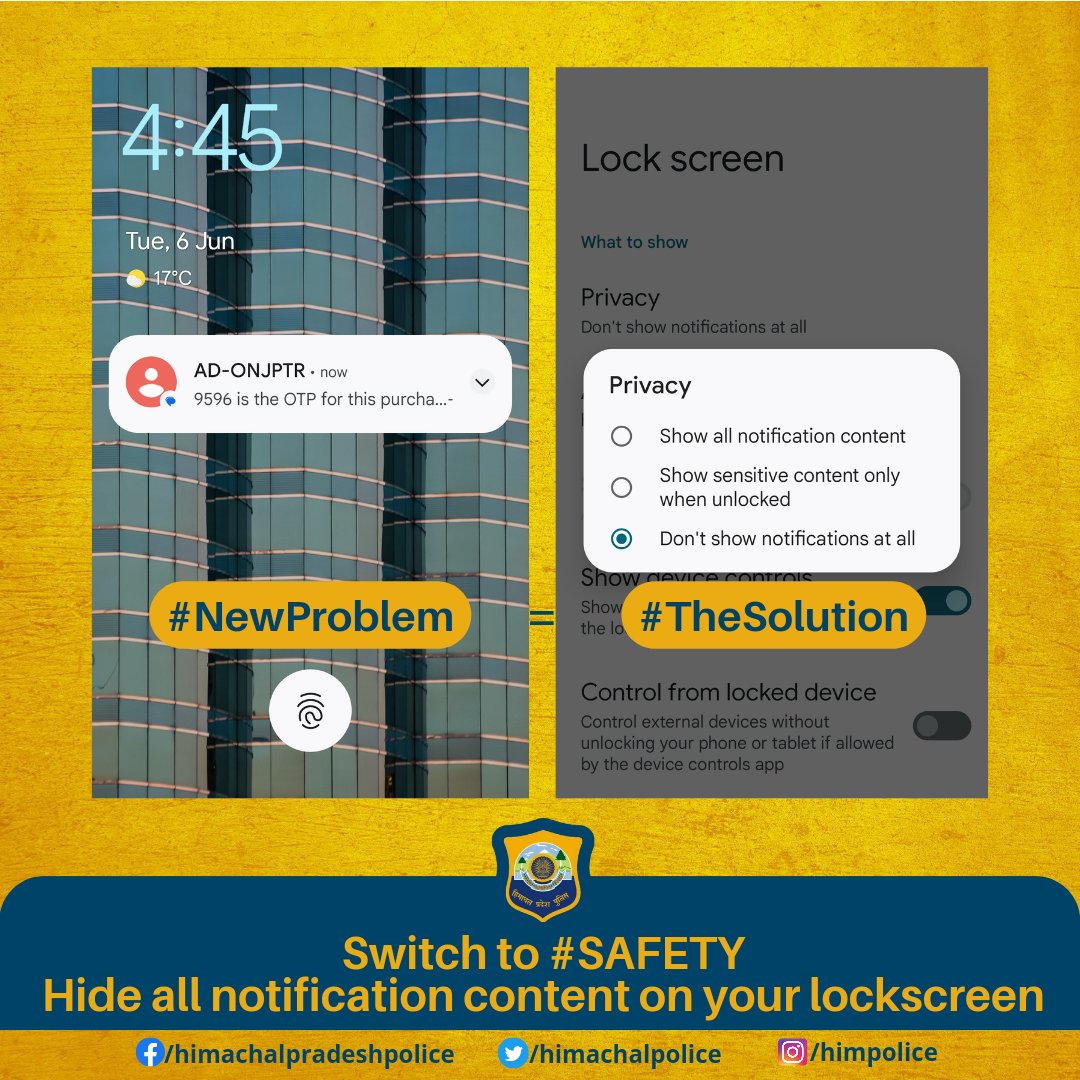 #NewProblem #TheSolution
Switch to #SAFETY
Hide all notification content on your lockscreen

#Switch #Safety #Lockscreen #Notifications #Hide #CyberSafety
#CyberCrime #Online
@himachalpolice @Cyberdost @hppcybercell @CMOFFICEHP @atrivedi21 @SatwantAtwal @RajBhavanHP