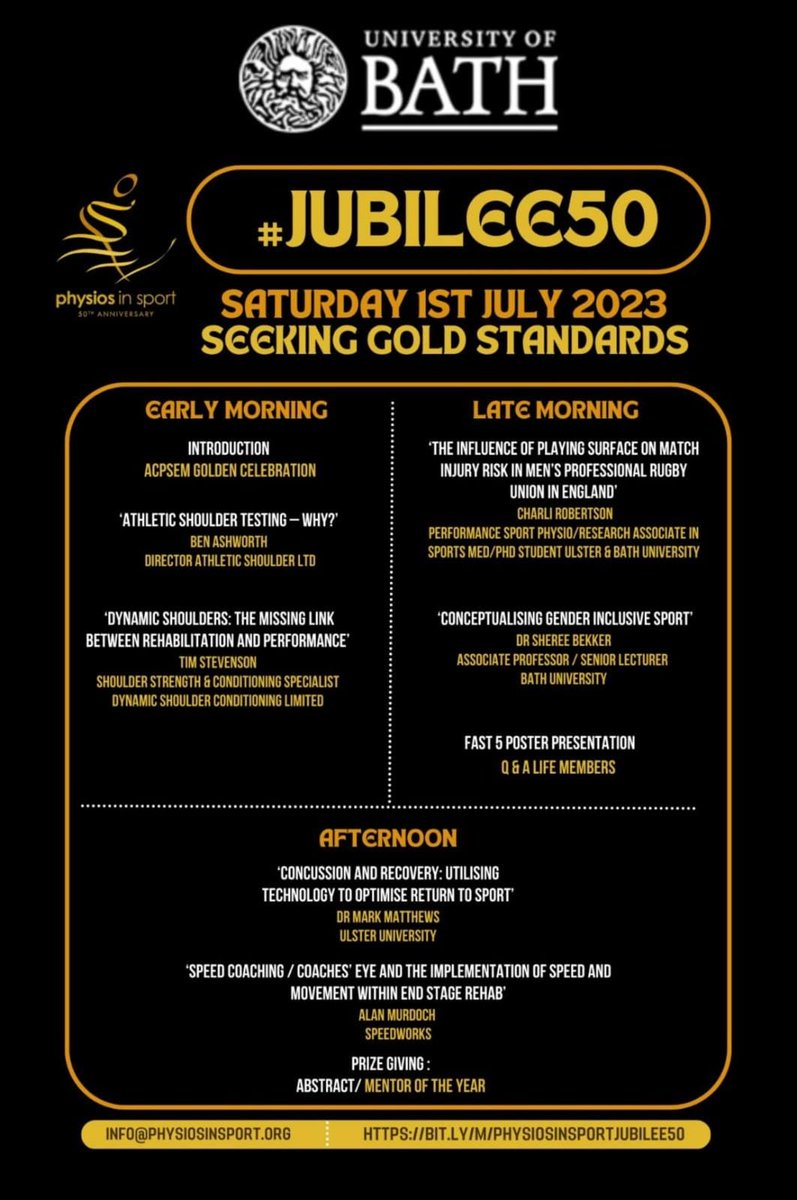 ACPSEM (@physiosinsport) on Twitter photo 50 years Gold! #Jubilee50
We have an Online event on Saturday 1st July: Seeking Gold Standards
Anyone with interest in MSK, sport or performing arts welcome!
Check out our Anniversary event with partners <a href="/BathSEM_SPY/">Uni of Bath SEM-SPY</a> here: bit.ly/m/Physiosinspoβ¦β¦
Linktr.ee/physiosinsport 50 years Gold! #Jubilee50
We have an Online event on Saturday 1st July: Seeking Gold Standards
Anyone with interest in MSK, sport or performing arts welcome!
Check out our Anniversary event with partners <a href="/BathSEM_SPY/">Uni of Bath SEM-SPY</a> here: bit.ly/m/Physiosinspoβ¦β¦
Linktr.ee/physiosinsport