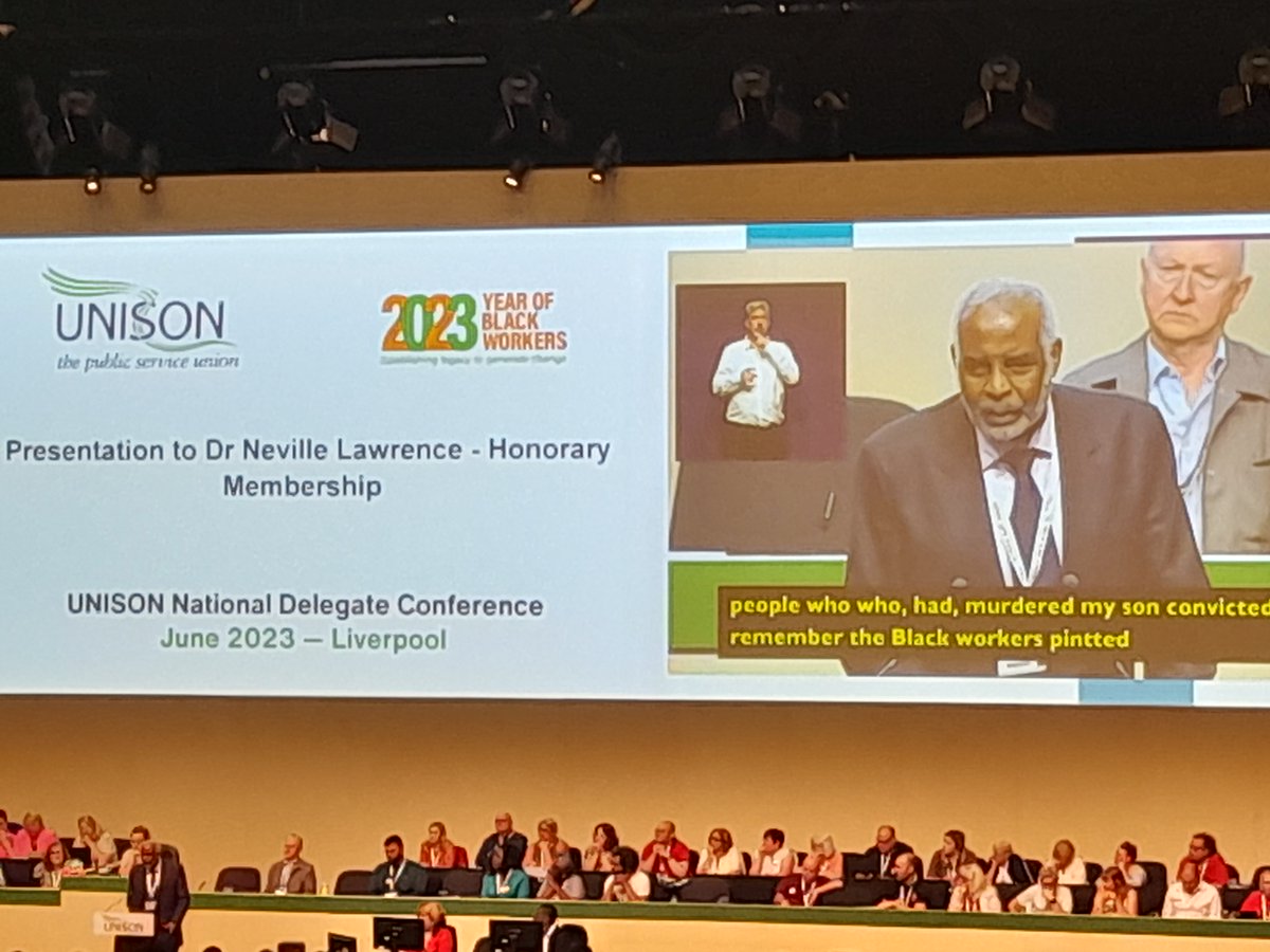 Dr Neville Lawrence, father of murdered Stephen Lawrence, receiving honorary UNISON membership on the last day of National Delegate Conference.

Not a dry eye in the house.
#UNDC23
#NoToRasicm 
@UNISONWales