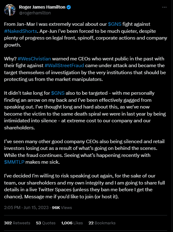 AMCScam's tweet image. 😂What integrity?
- $GNS overstated revenue by 50% in 2021
- @RogerHamilton failed to file the 10K on time
- Goodwill soared 23X YoY as Cap'n Roger grossly overpaid for acquisitions
- $GNS FTDs sit at 9,406 as of 5/31, completely disproving the idea of naked shorts
#BadManagement