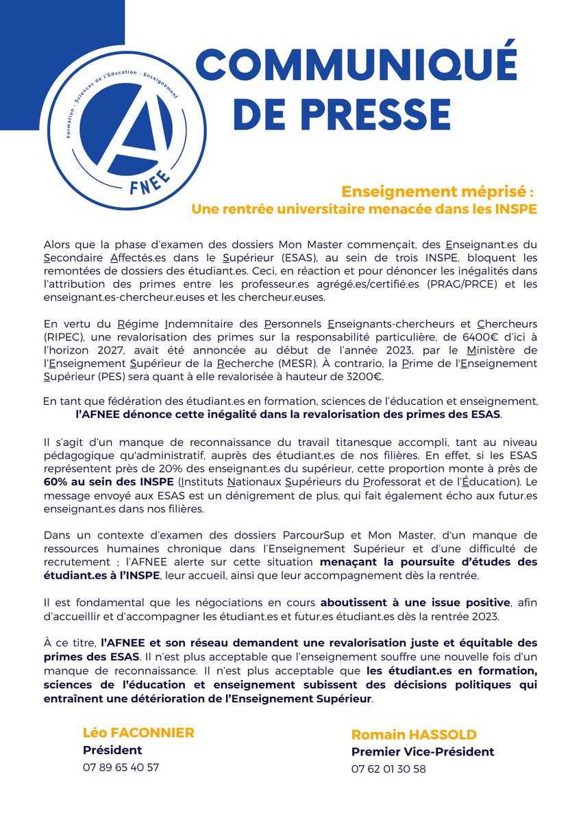 #Rentrée2023 | Déconsidération des #EnseignantEs du Secondaire AffectéEs au Supérieur : quel message pour les futurEs enseigantEs ?

📙Les #étudiantEs n’ont plus à subir les décisions politiques délétères menaçant leur orientation, leur accueil et leur accompagnement.