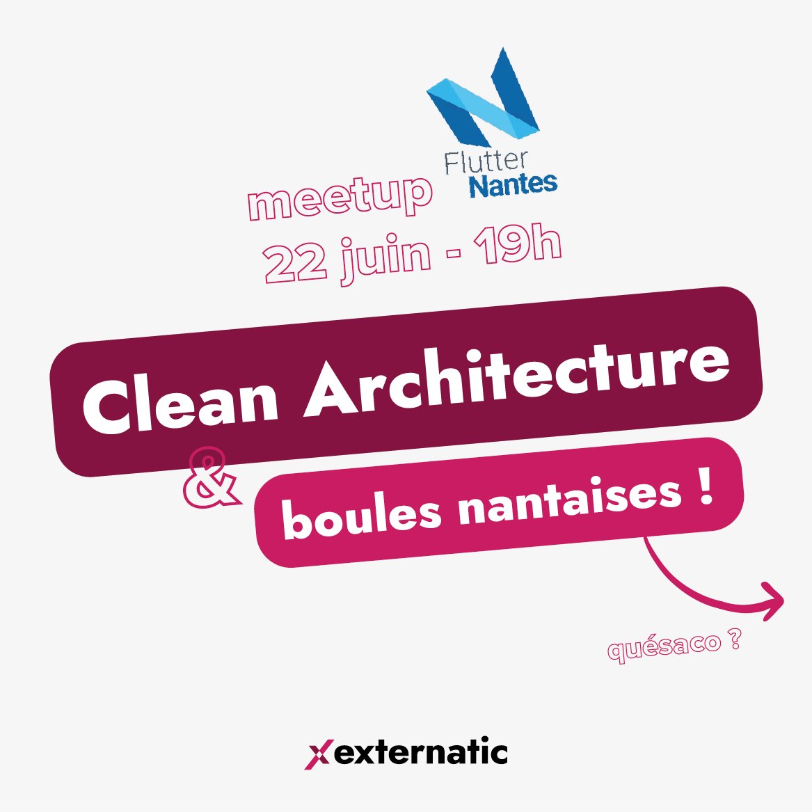 Externatic's tweet photo. @Externatic sponsorise l'intégralité du prochain @FlutterNantes ! 

Au programme :

🔘 @pommeDouze : Clean #architecture  : passez un coup de balai sur votre architecture #Flutter !
 
🔘 Initiation à la boule nantaise 🥳

➡️ https://t.co/lj6ykdbtnF

#nantes https://t.co/clSf5rRcB1