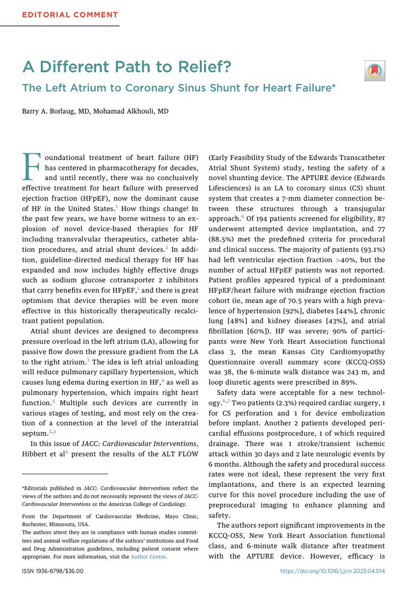 Mohamad Alkhouli (@adnanalkhouli) on Twitter photo Congrats to <a href="/benhibbertMDPhD/">Benjamin Hibbert</a> et al on the publication of the ALT FLOW EFS. In the accompanying editorial Barry Borlaug & I discuss the concept of coronary sinus shunting as a novel route for the management of drug-refractory HF. jacc.org/doi/10.1016/j.… Congrats to <a href="/benhibbertMDPhD/">Benjamin Hibbert</a> et al on the publication of the ALT FLOW EFS. In the accompanying editorial Barry Borlaug & I discuss the concept of coronary sinus shunting as a novel route for the management of drug-refractory HF. jacc.org/doi/10.1016/j.…