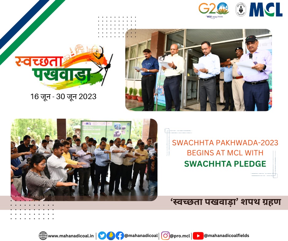 Sh. OP Singh, CMD administered today #Swachhta Pledge to all as Swachhta Pakhwara 2023 begins @mahanadicoal (MCL). A series of awareness programme on cleanliness will be organised across project areas of company in #Odisha. 
#Coal #MyMCL #MyCompanyMyPride.