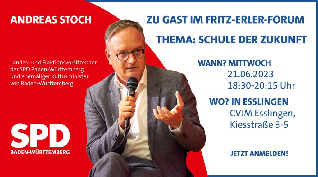 spdbawue's tweet photo. Schule geht auch anders - wie sich Bildung ändern muss. @AndreasStochMdL
ist am 21.06.23 zu Gast beim @FritzBW und spricht u.a mit Vertreter:innen der Schulen, der Elternbeiräte und der Verwaltung in #Essling. Jetzt anmelden unter: https://t.co/rLpKsAcBBS https://t.co/l3vAX6dEs5