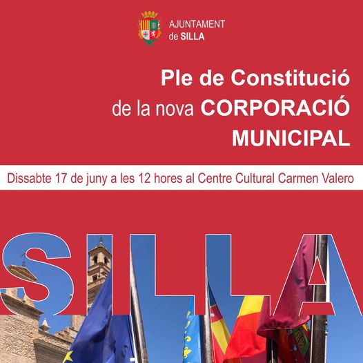AjuntSilla's tweet photo. Dissabte 17 de juny celebrarem a les 12 hores el Ple de Constitució de la nova Corporació Municipal al Centre Cultural Carmen Valero, on els nous regidors i regidores prendran possessió del seu càrrec i triaran l'Alcaldia del nostre poble. https://t.co/2kTBDqBdrp