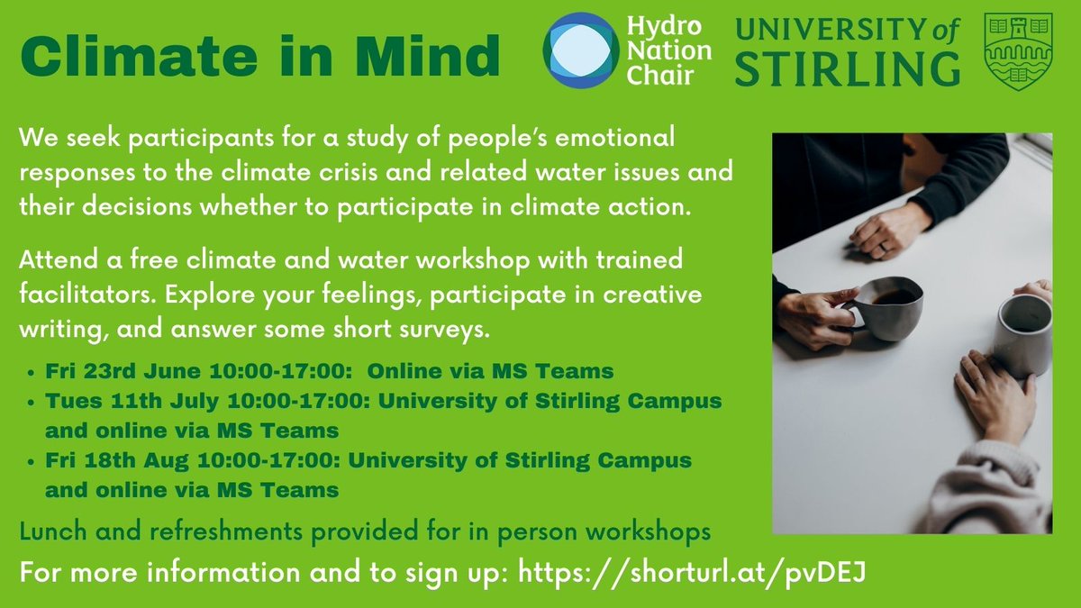 Want to explore your feelings about the climate crisis or take part in research about climate anxiety &amp; motivations to take climate action?
Come to our free workshops! 
Online &amp; hybrid sessions: shorturl.at/pvDEJ
#ClimateCrisis #ClimateAnxiety #ClimateResearch
Please RT