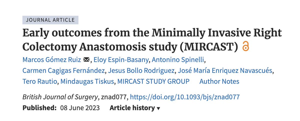 Early outcomes from the Minimally Invasive Right Colectomy Anastomosis study (MIRCAST)
doi.org/10.1093/bjs/zn…
#SoMe4Surgery #Colorectalsurgery 
@bjsurgery @bjsacademy