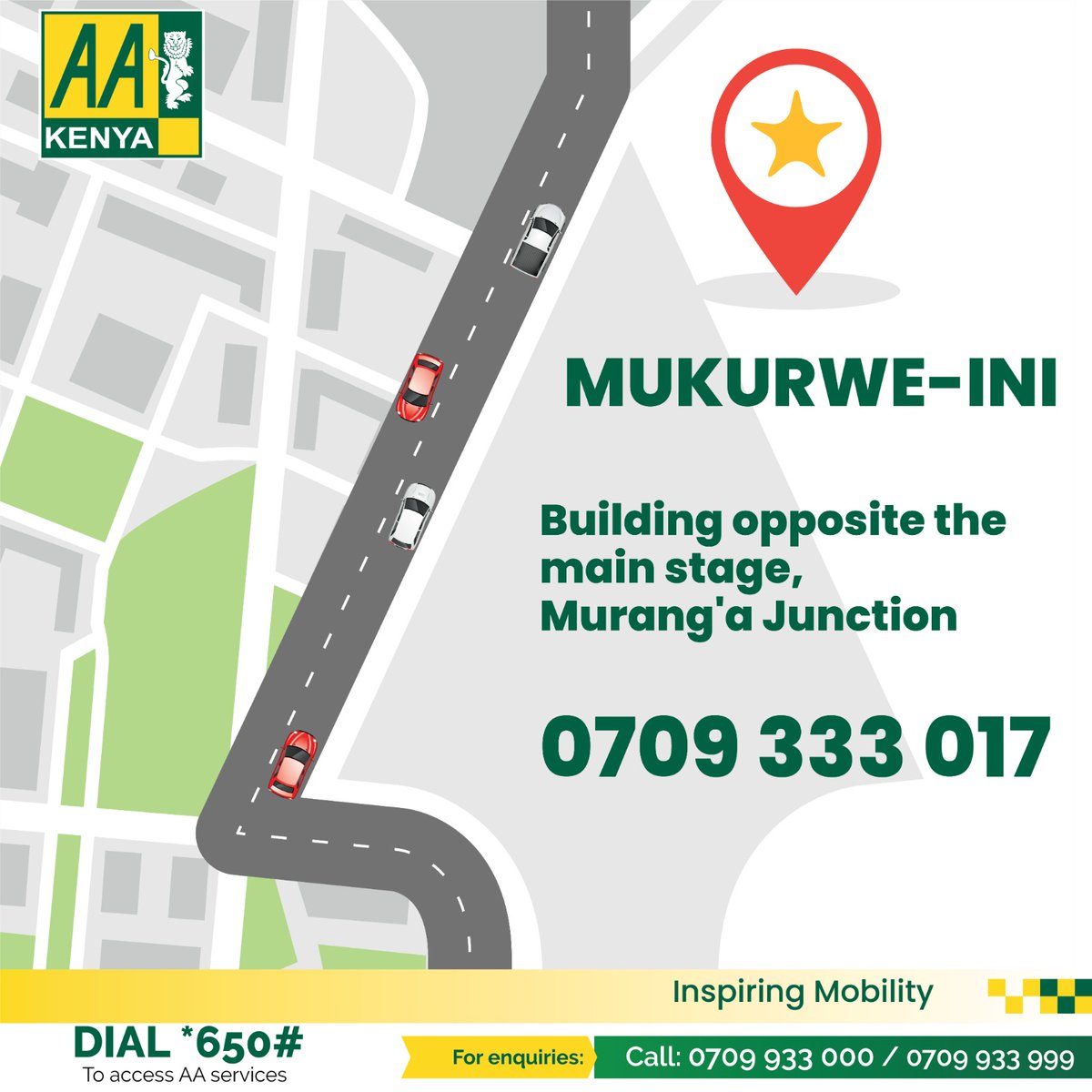 Mukurweini!! Tuko ndani ndani. AA Kenya is pleased to announce that we have a new branch in Mukurweini, the building opposite the main highway entrance stage, Murang’a junction. We are growing to serve you better. For more info call us 0709333017
#AAKenyacares #InspiringMobility