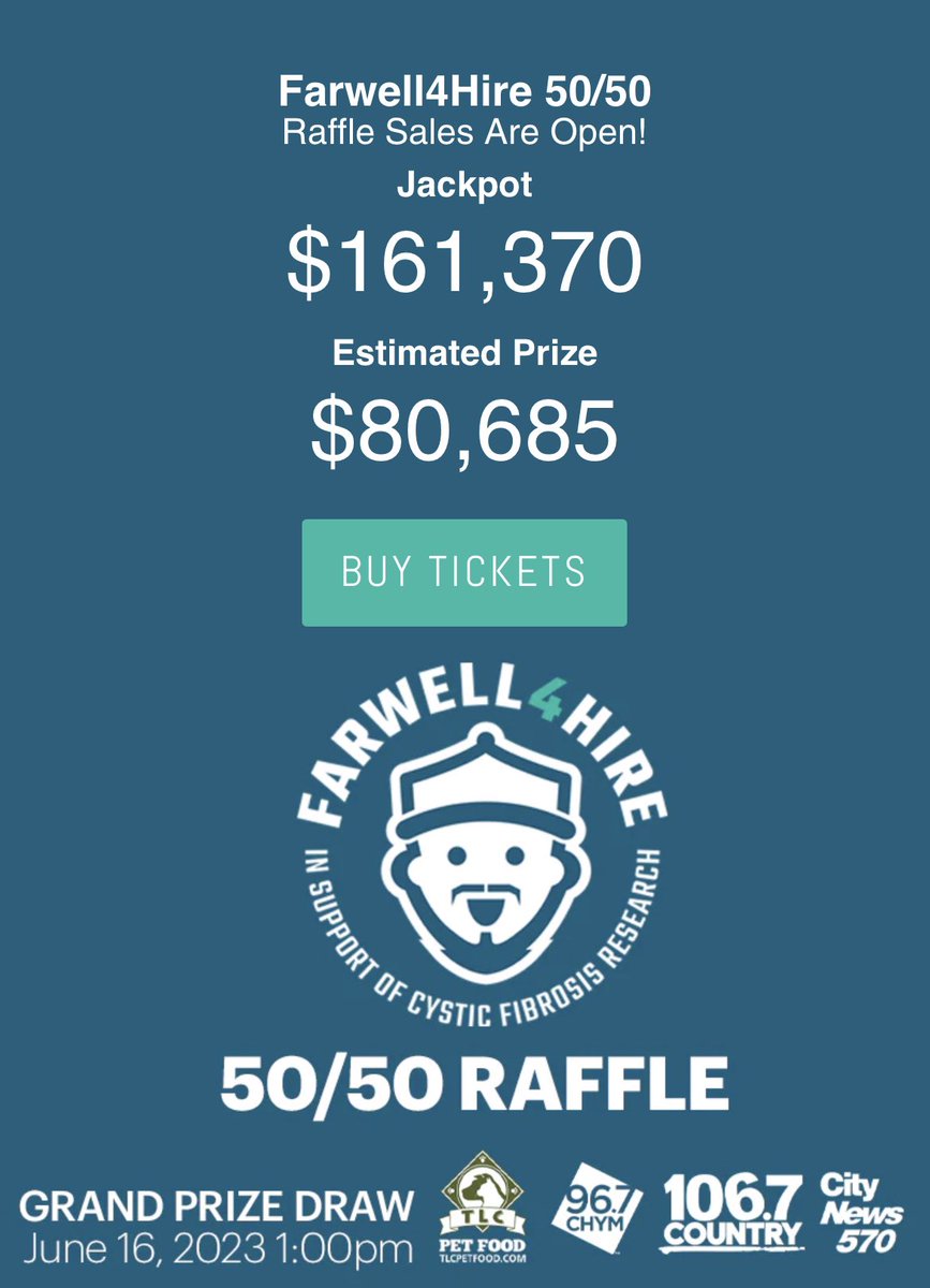 farwell_ohl's tweet image. Good morning! You're into the final hours to buy a #Farwell4Hire 50/50 ticket. We make the draw today at 1:00! And you know you want this jackpot. If you're in Ontario, you're eligible! Buy tickets here: cf5050.ca #curecf