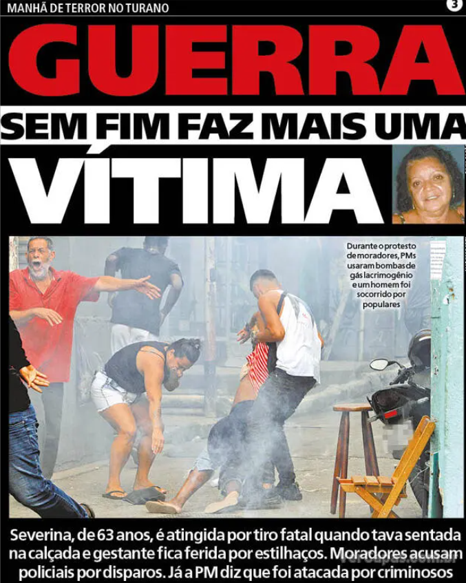 FogoCruzadoRJ's tweet photo. O @meiahora destaca na capa de hoje (16) a morte de Severina da Silva Nunes, de 63 anos, baleada durante uma ação policial no Morro do Turano, no Rio Comprido, ontem (15). Durante os tiros, uma gestante foi ferida por estilhaços. #TirosRJ #FogoCruzadoRJ https://t.co/vuP3m9Ov91
