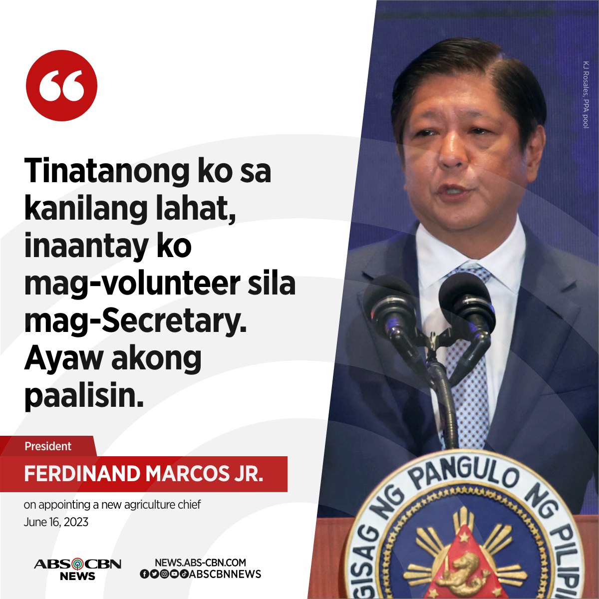 ABSCBNNews's tweet photo. President Ferdinand Marcos, Jr. said he was waiting for volunteers who could lead the Department of Agriculture, the only agency without a Secretary nearly a year since he took office. 

READ: https://t.co/0r8S6ZqlZt https://t.co/PXGgphHMu6