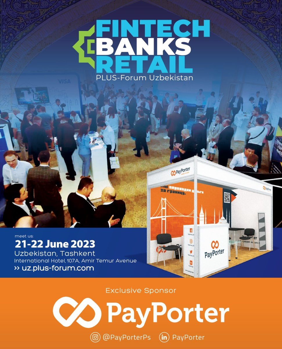 We are the Exclusive Sponsor of "Fintech, Banks &amp; Retail. Digital Transformation" event in Taskent. 🧡
Come visit us at booth #17 🌟

#PLUSForum #PayPorter #uzforum