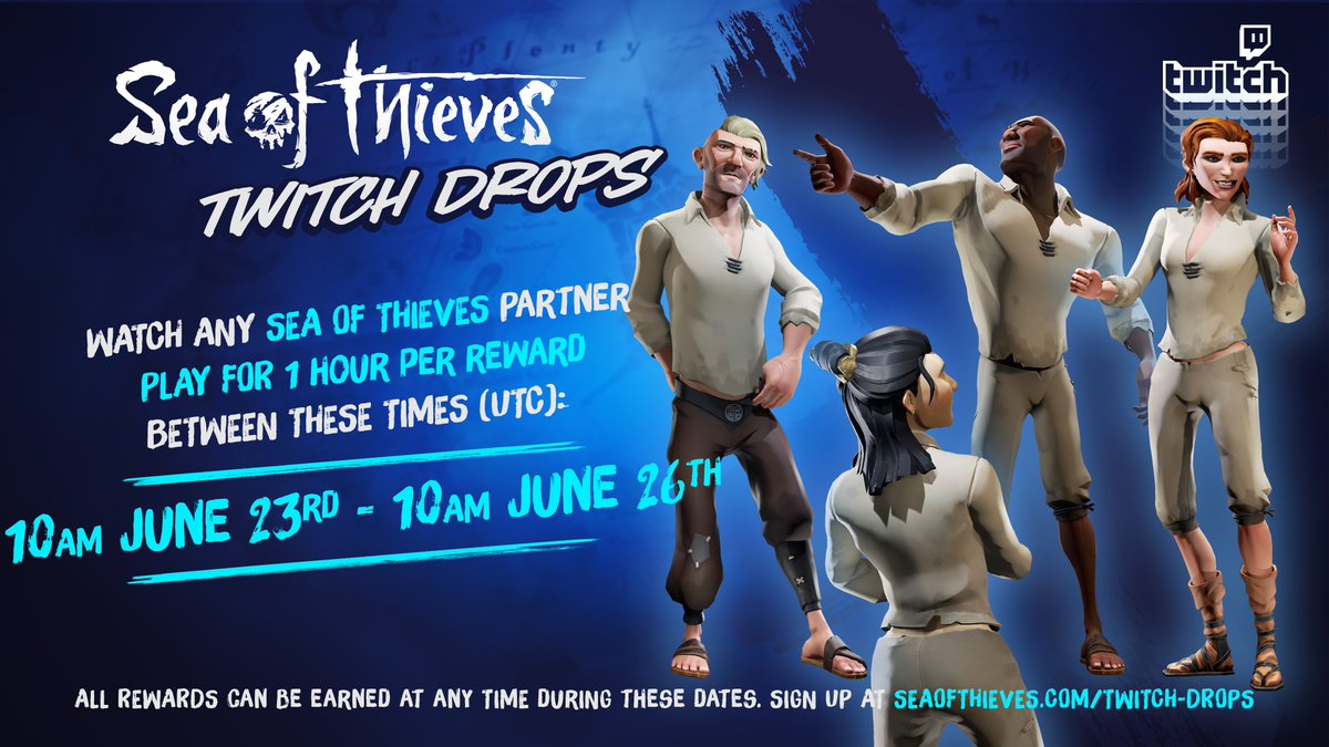 Starting one week today, you can claim an illustrative emote and three of the remaining Eastern Winds Sapphire items via Twitch Drops! Simply tune in to any Partnered Sea of Thieves streamer for one hour per item from June 23rd–26th (10am UTC).