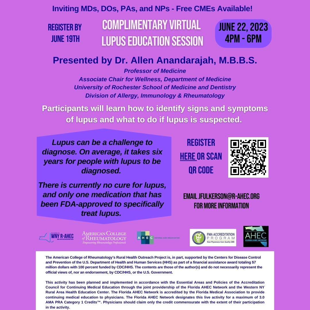 Free virtual lupus treatment and diagnosis learning opportunity 
June 22nd 4 pm-6 pm
~CMEs available~
#RegisterNow #RuralHealthcare #HealthcareEducation #Healthcare #Lupus #CMECredits #QRCode