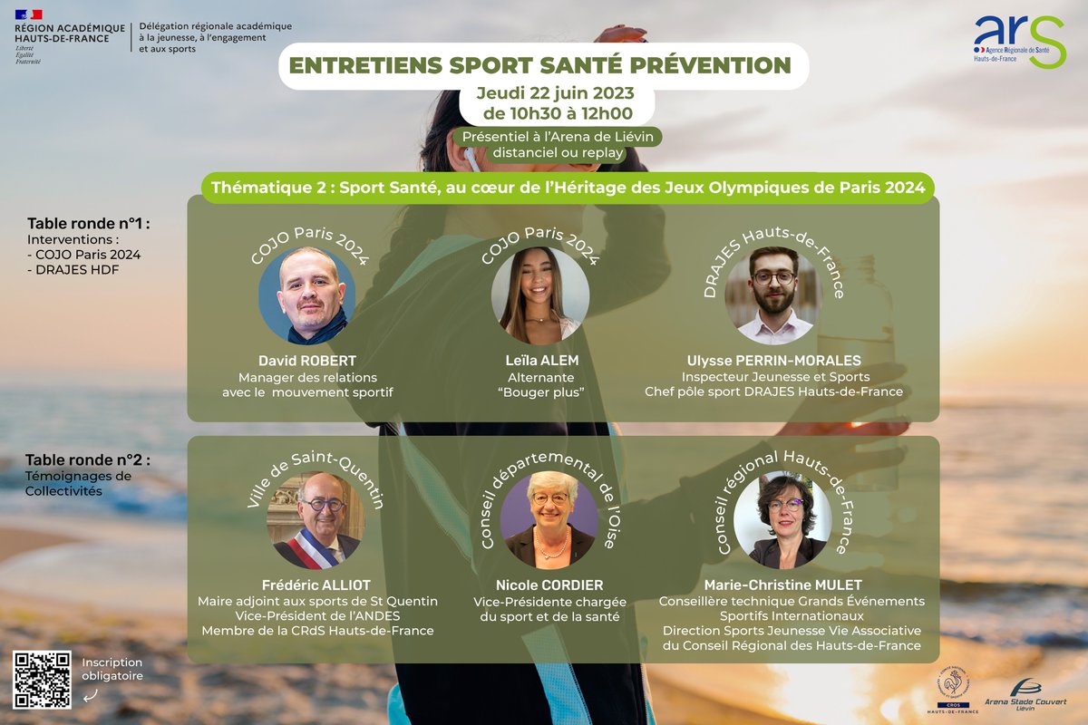 Sport santé | Le 2e rdv des entretiens sport santé prévention Hauts-de-France, lancés par la DRAJES et l'ARS HDF , aura lieu le 22 juin à l'<a href="/ArenaLievin/">Arena Stade Couvert-Liévin</a> et en ligne sur le thème "sport santé au coeur de l'héritage des Jeux Olympiques de Paris 2024"
ℹ️ sportsantehdf.fr