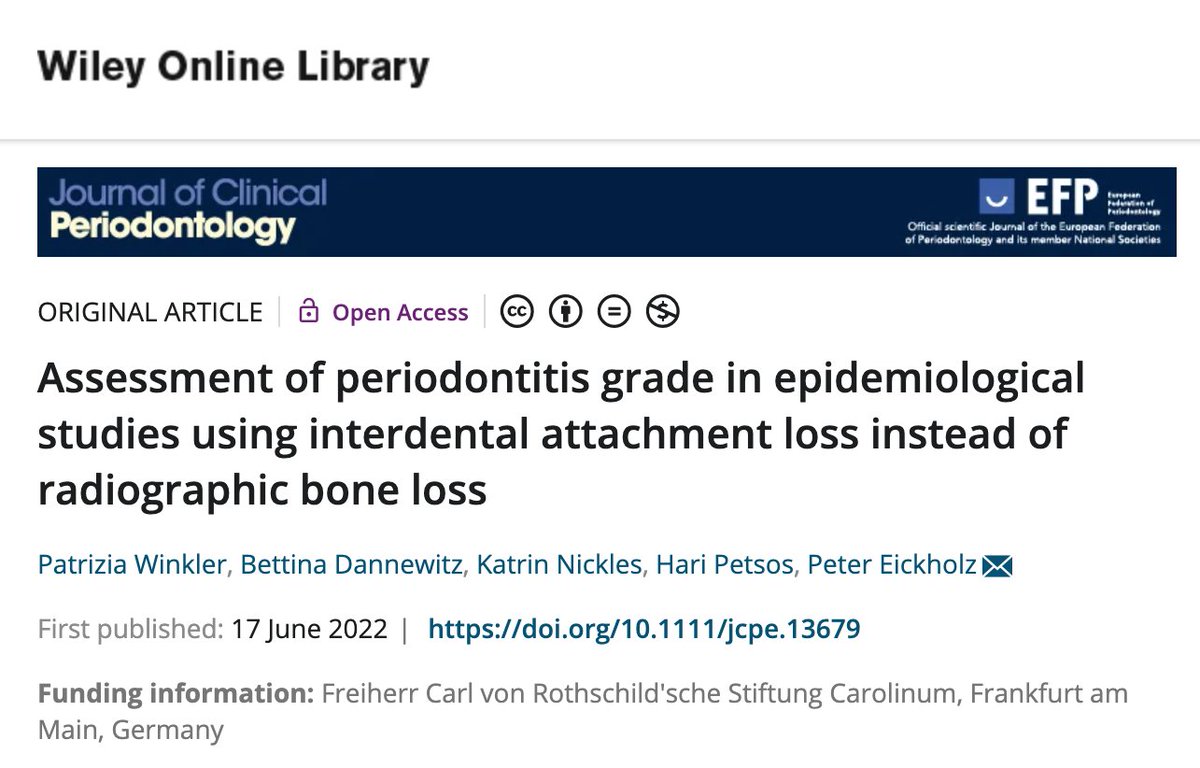 PerioEurope's tweet photo. Assessment of #periodontitis grade in epidemiological studies using interdental attachment loss instead of radiographic bone loss - read this open-access article published in the JCP by Patrizia Winkler et al. #EFPerio #JCPbyEFP #periodontology
https://t.co/XjWbRwhM5O https://t.co/G7jTJgPbMI