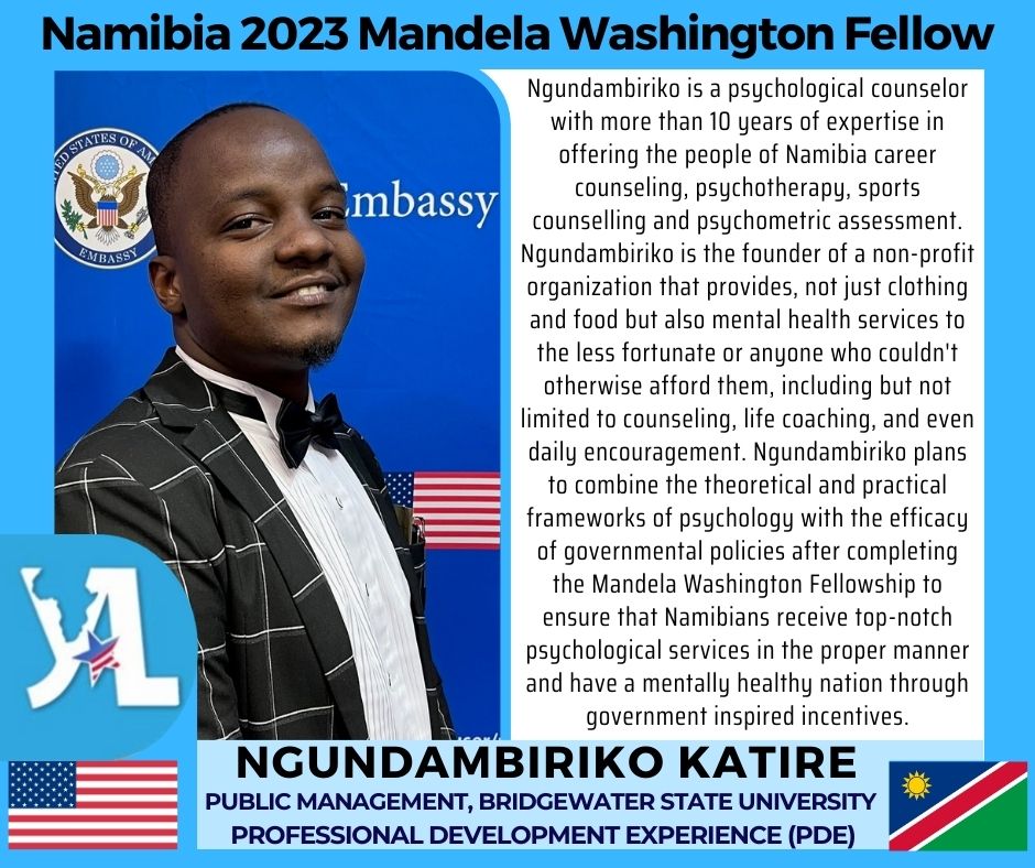 #Namibia, meet Ngundambiriko Katire, one of our 2023 @WashFellowship (#YALI2023) Fellows. He will be studying Leadership in Public Management at @BridgeStateU.

#usembassynamibia @YALI_SAfrica #mwf2023