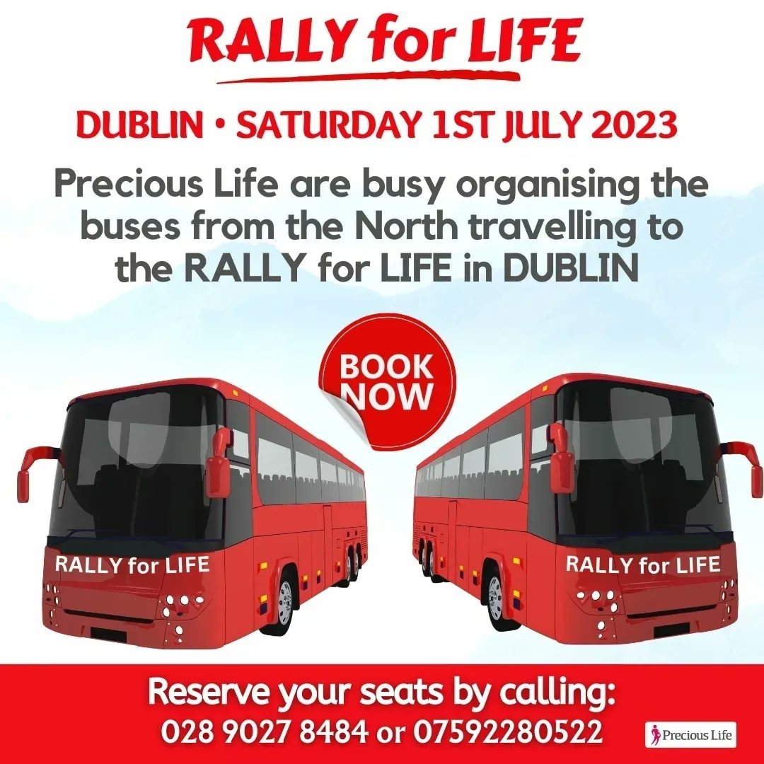 🚍 Buses travelling to the Rally for Life in Dublin on Saturday 1st July, are filling up fast!

Don't miss out, please book your seats soon by calling: 028 9027 8484 or email: info@preciouslife.com 

#RallyforLife #WhyWeMarch