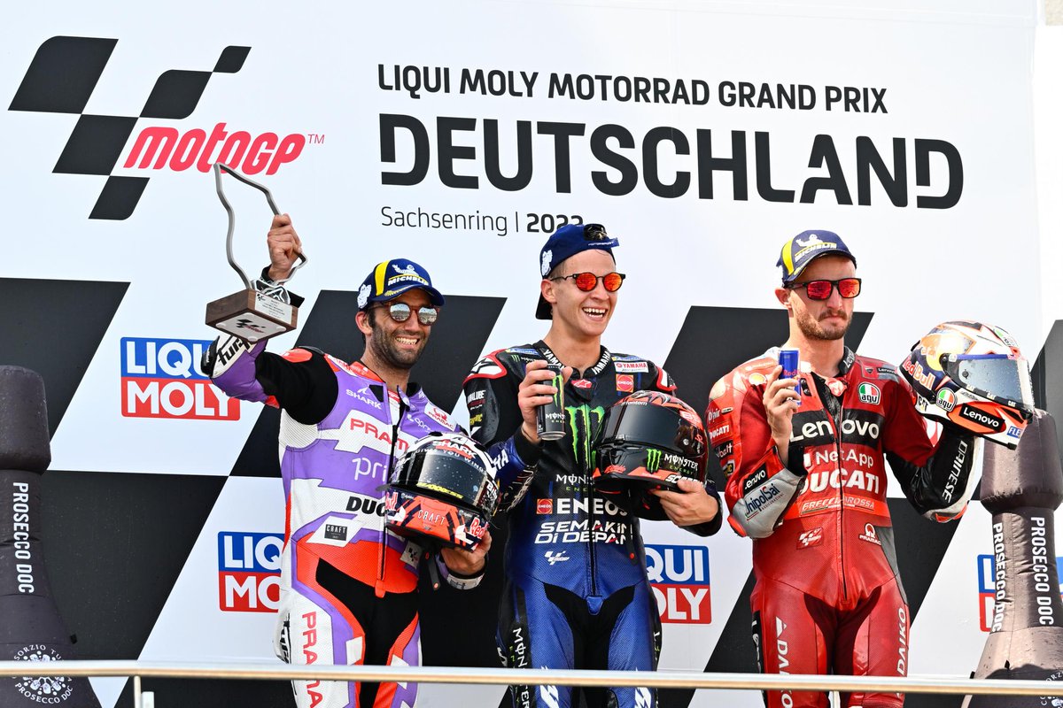 MartinoMoto's tweet photo. #RememberMotoGP #GermanGP #MotoGP 2022 Victoria de @FabioQ20 escoltado en el podio por Zarco y Miller (foto @MotoGP) https://t.co/oIcaSNtqm6