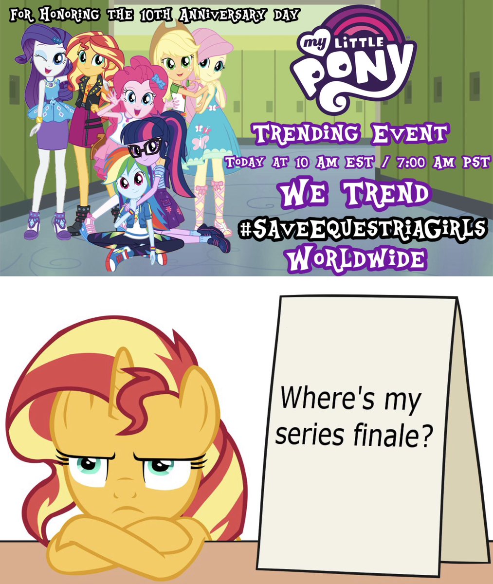 LuigiGamer25's tweet photo. Today is finally the day! We will be celebrating the 10th Anniversary of our beloved #EquestriaGirls!

Starting today at 10:00AM EST / 7:00AM PST we will be trending #SaveEquestriaGirls and show Hasbro on how much we want to see a Finale since the series got cancelled. https://t.co/pPkx4ysTbO