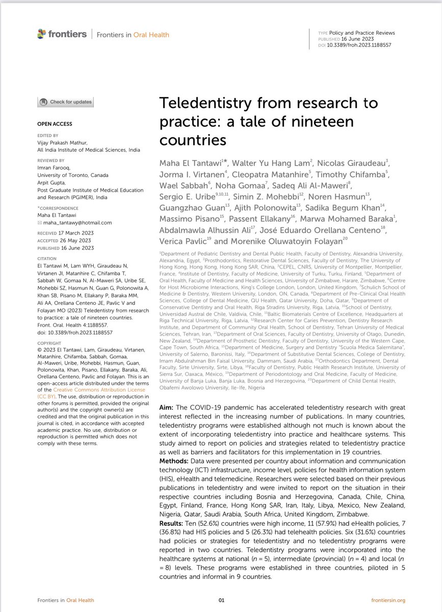 Très fier de cette nouvelle publication avec de nombreux collègues du monde entier sur la #telemedecinebuccodentaire 
<a href="/e_oralhealth/">e_OralHealth Network IADR</a> <a href="/CEPEL_UM/">CEPEL</a> <a href="/ChaireESante/">Chaire-E-Santé</a>