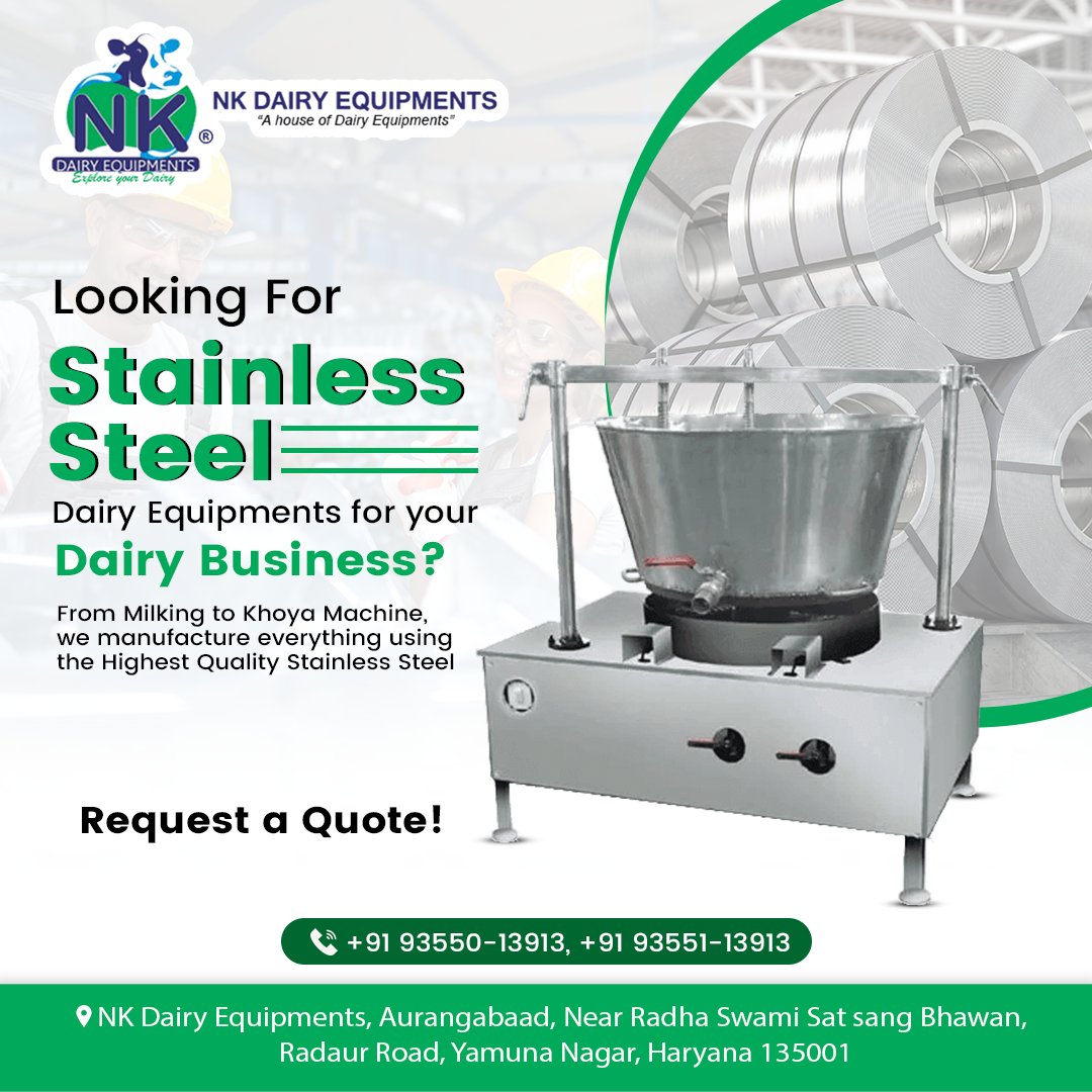 Looking for Stainless Steel Dairy Equipments for your dairy business?

Request a Quote!
☎+91 93550-13913

#stainlesssteel #steel #khoyamachine #dairyindustry #nkdairyequipment #technology #milkmachine #yamunanagar #Haryana #India #nkdairyequipments #dairytechnology #dairyfarmer