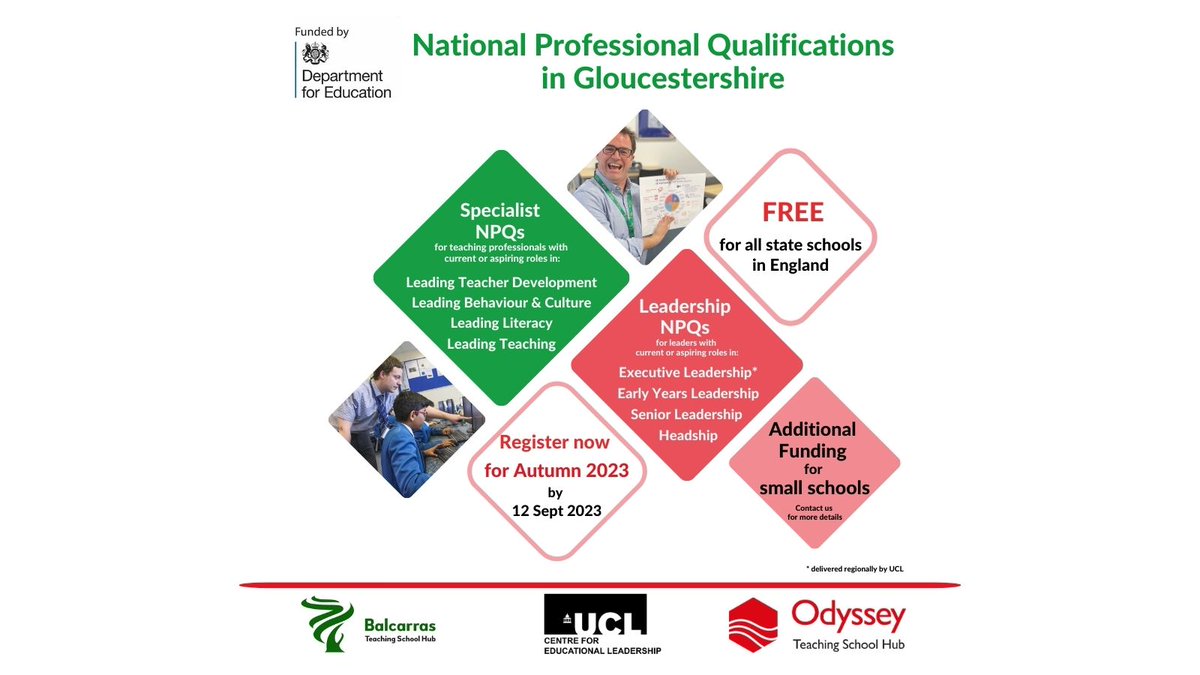 Odyssey Teaching School Hub (@odysseytshub) on Twitter photo Register now with the DfE for NPQ programmes starting October 2023 and make the next exciting move in your educational journey (Applications close: 12 September 2023).
<a href="/BalcarrasTSH/">Balcarras Teaching School Hub</a>
<a href="/CEL_IOE/">UCL Centre for Educational Leadership</a>
#Gloucestershireteachingschoolhubs #Gloucestershireteachers #teacherdevelopment Register now with the DfE for NPQ programmes starting October 2023 and make the next exciting move in your educational journey (Applications close: 12 September 2023).
<a href="/BalcarrasTSH/">Balcarras Teaching School Hub</a>
<a href="/CEL_IOE/">UCL Centre for Educational Leadership</a>
#Gloucestershireteachingschoolhubs #Gloucestershireteachers #teacherdevelopment