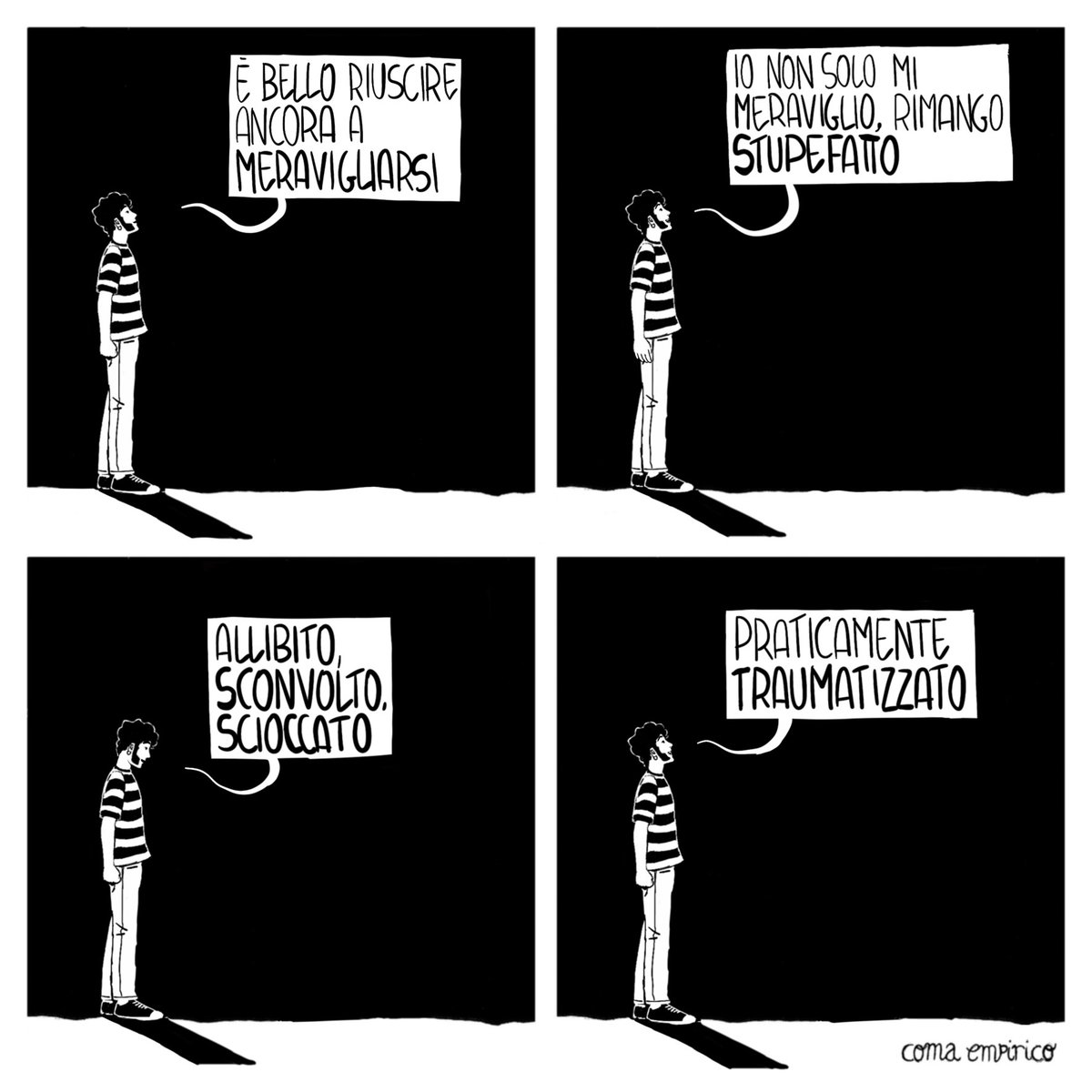 #vignetta #vignette #striscia #strisciaafumetti #fumetto #fumetti #fumettiitaliani  #comicstrips #comics #biancoenero #umorismo #humor #meraviglia #trauma #comaempirico