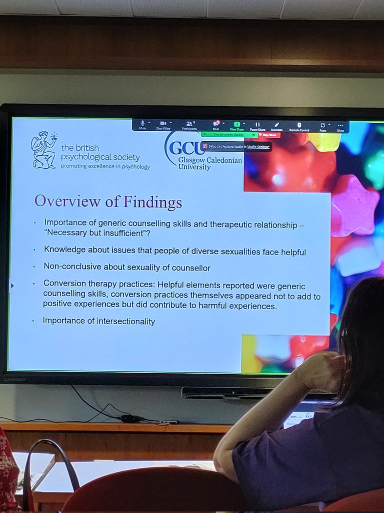 dcopuk's tweet photo. @CounPsychGCU #DCoPConf2023 Trainee CoP Amanda Nyman is summarising her systematic review regarding those of diverse sexualities experiences of therapy @BPSSexualities https://t.co/ijLV2Vbw93