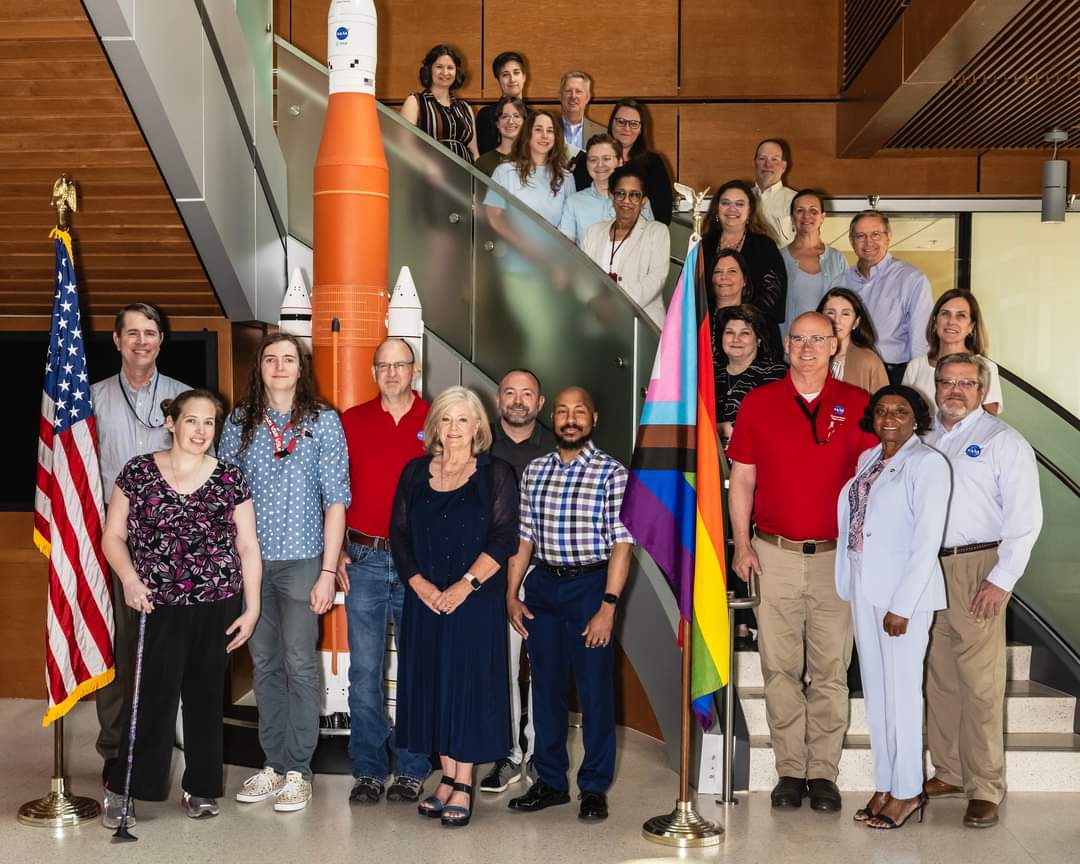 Earlier this month, NASA’s Marshall Space Flight Center Director Jody Singer and other senior leaders joined members of the #NASAMarshall LGBTQI+ employee resource group, Out & Allied, during the unveiling of the Progress Pride Flag at the center.